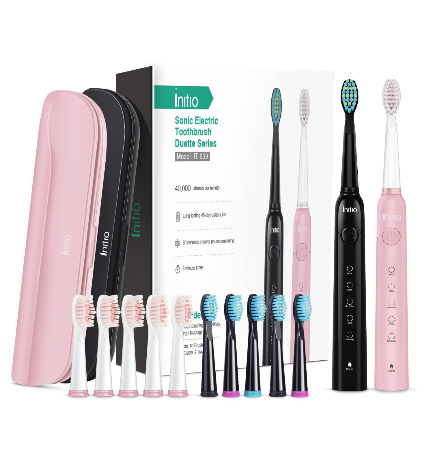 Initio Sonic Electric Toothbrush for Adults Duo - 5 Modes, Smart Timer, 10 Brush Heads, 2 Travel Cases - Rechargeable Whitening Toothbrush (Black+Pink) - Buy Online on GoSupps.com