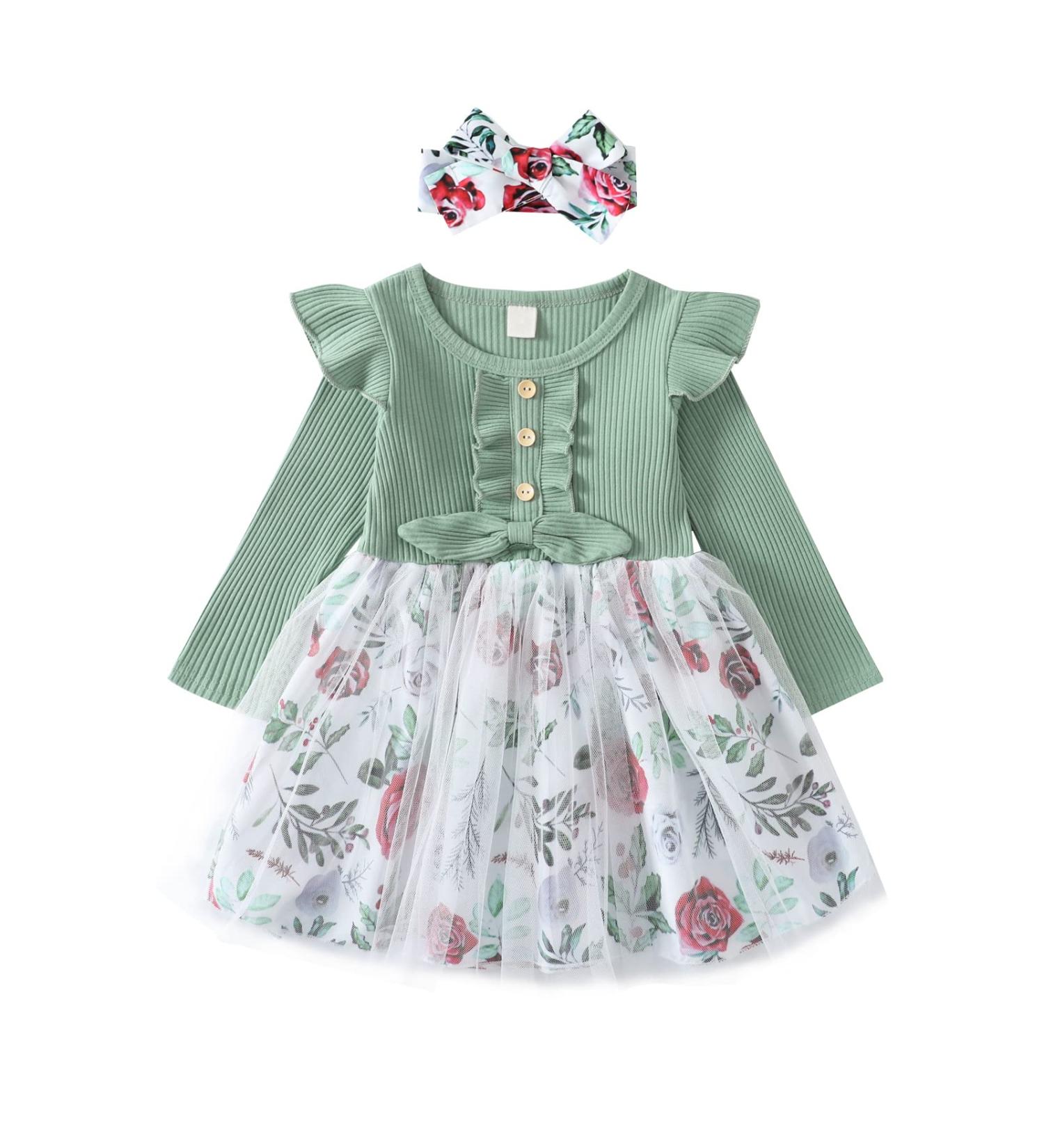 Haokaini Toddler Baby Girls Floral Ruffle Sleeve Cotton Dress Set | Princess Tutu Skirt | Green | 2-3 Years - Buy Online on GoSupps.com