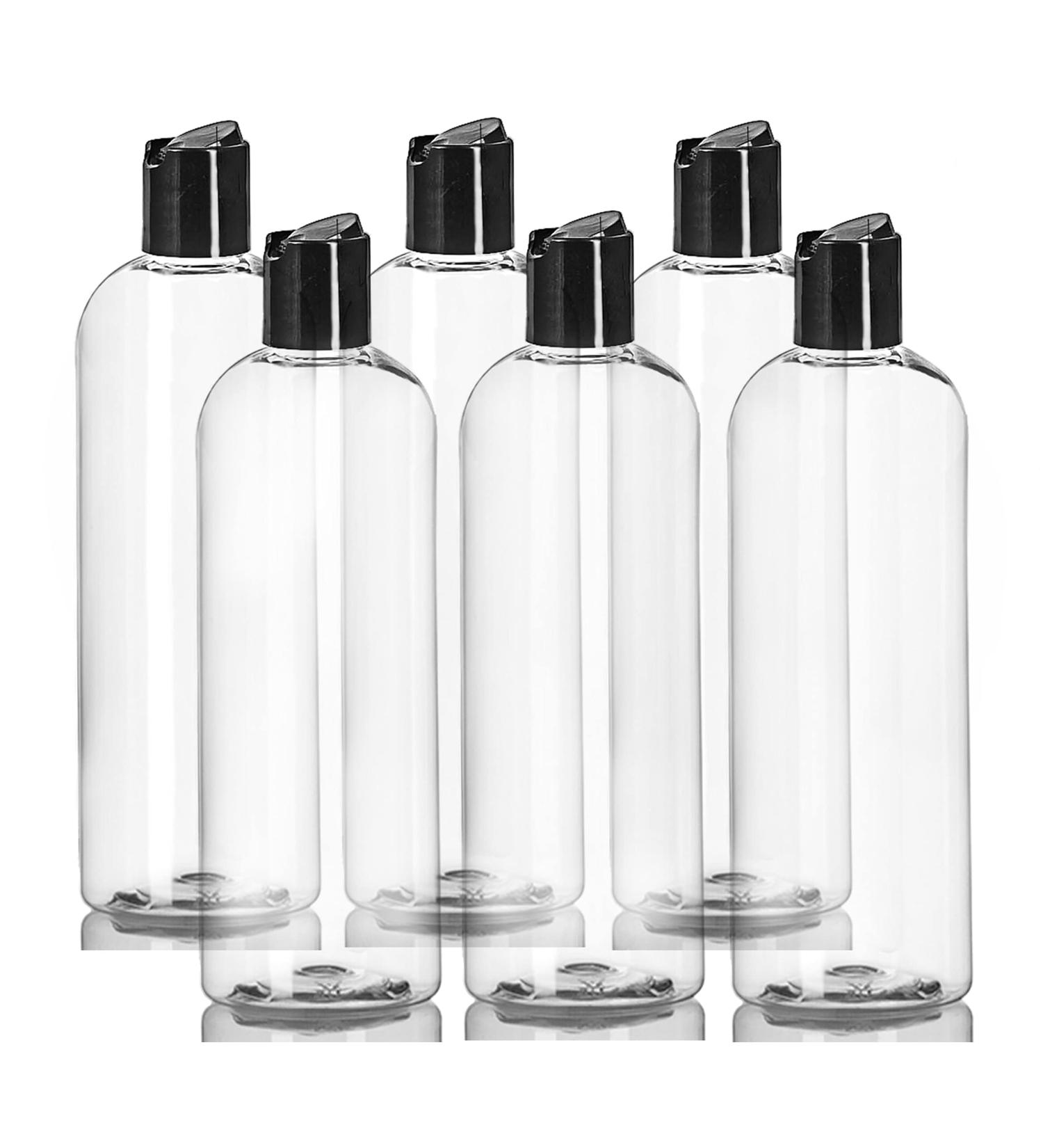 16 oz Clear Plastic Bottles with Black Disc Top Caps - Pack of 6 | BPA-Free, Refillable Containers for Shampoo, Lotions, Creams | Made in USA - Buy Online on GoSupps.com