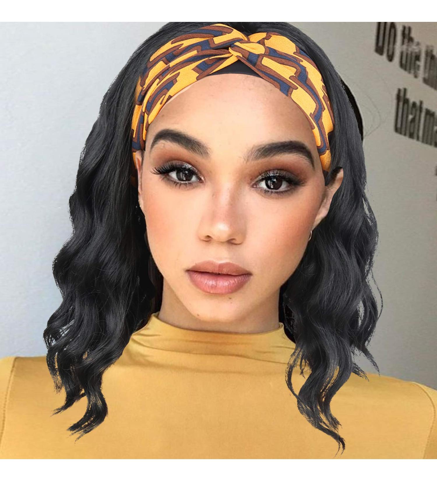Oseti Short Curly Headband Wig for Black Women - 14 Inch Black Wavy Body Wave Bob Wig with Ice Silk Turban - Synthetic Headband Attached for Easy Styling - Buy Online on GoSupps.com