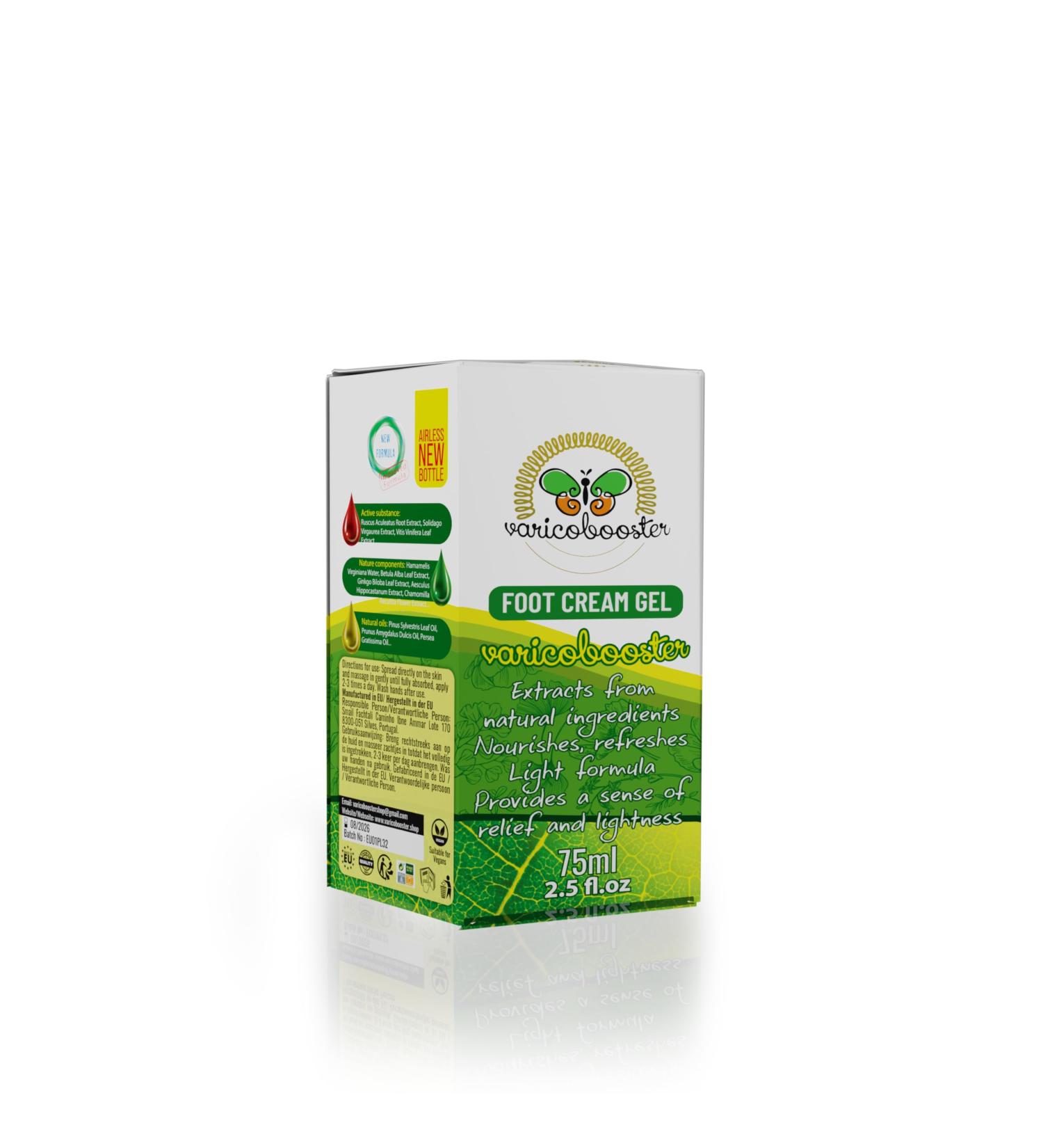 Varicobooster Foot Cream Gel 75 ml Over 25 Carefully Selected Ingredients New Improved Formula Based on Natural Components with Innovative Airless Bottle Varico