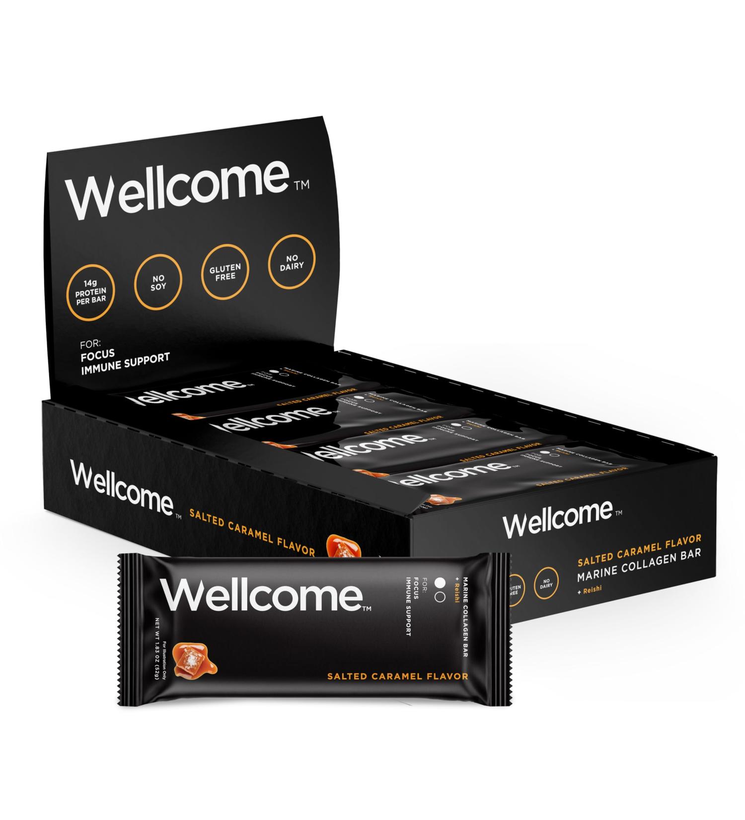 Wellcome Salted Caramel Collagen Protein Bar - Dairy Free Adaptogenic Snack with Reishi Mushroom for Energy & Immune Support (Pack of 12) - International Shipping Available - Buy Online on GoSupps.com