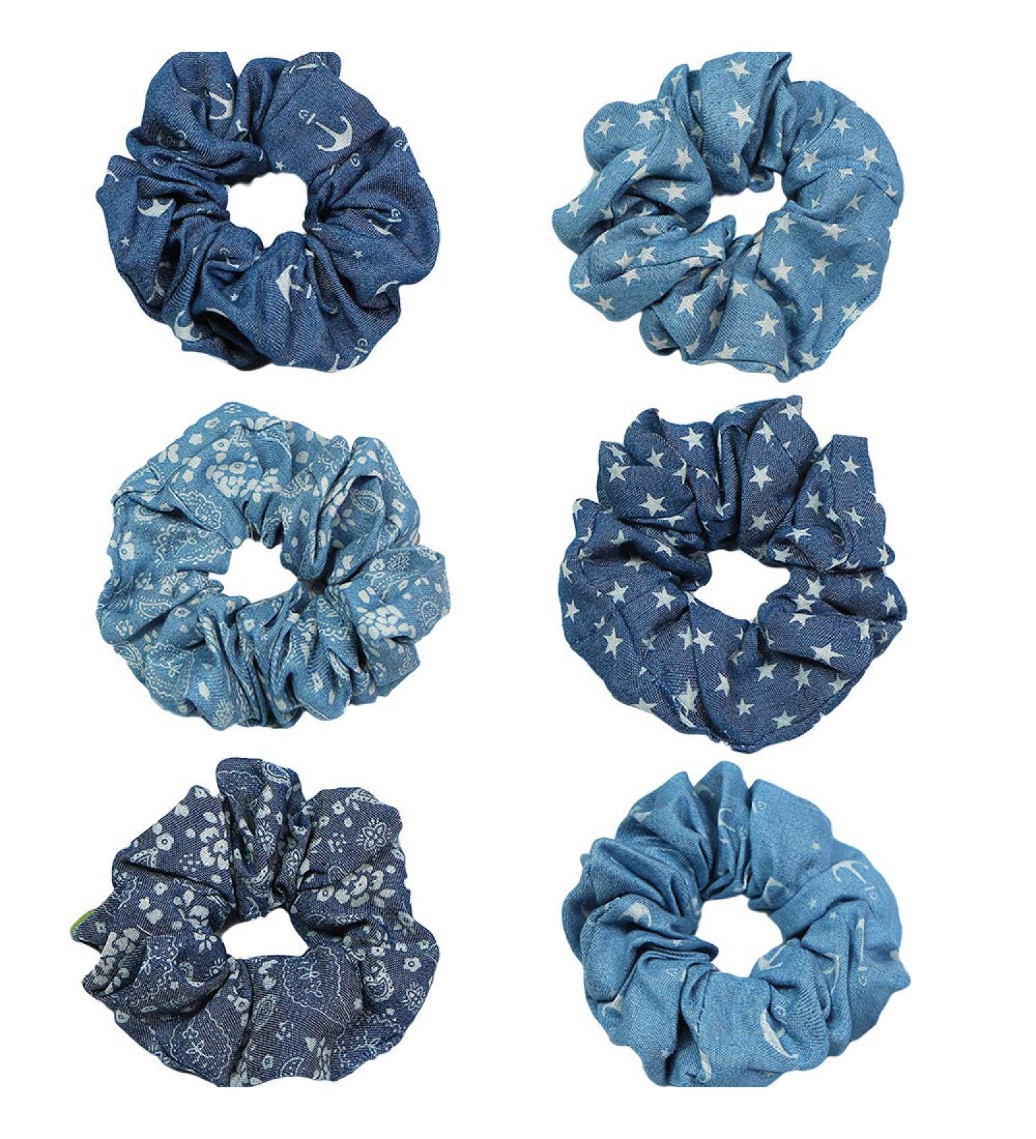 6-Piece Denim Blue Hair Scrunchies Set for Women and Girls - Elastic Hair Ties and Accessories - Buy Online on GoSupps.com
