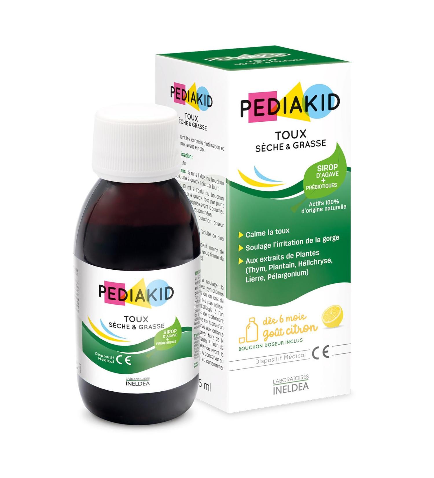 PEDIAKID - Dry & Oily Cough - Exclusive Agave Syrup Formula - Calms Cough - Relieves Throat Irritation - Natural Lemon Flavor - Bottle 125 ml - Buy Online on GoSupps.com