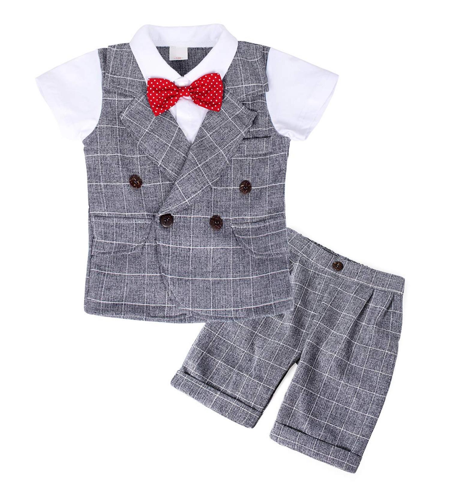 AmzBarley Baby Boys Gentlemans Outfit Suit | Long/Short Sleeve Shirt Pants Vest Bowtie Romper | Grey 6-12 Months - Buy Online on GoSupps.com