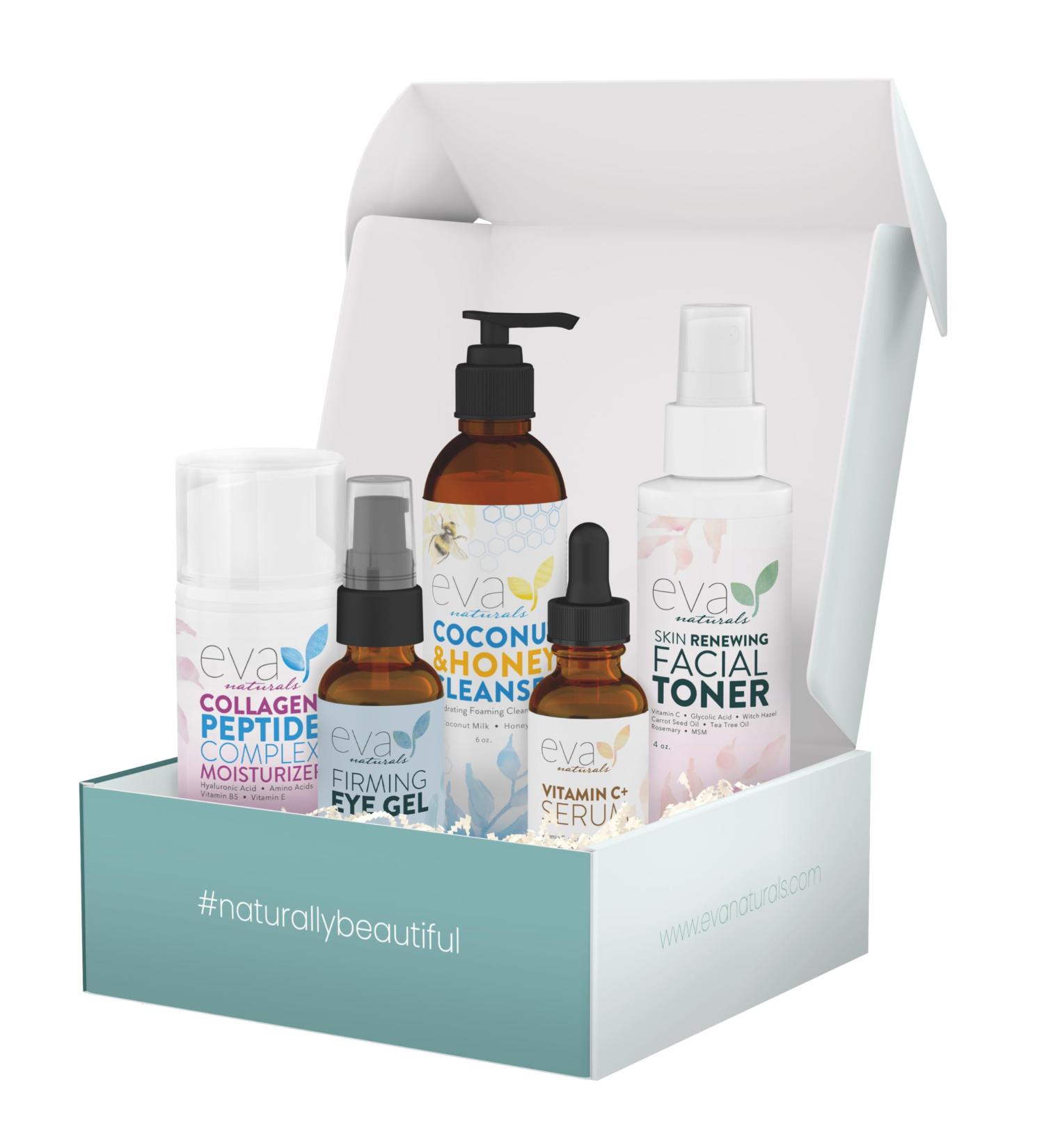 Eva Naturals Rejuvenating Skincare Set 5-in-1 Routine with Cleanser Toner Vitamin C Plus Serum Eye Gel and Collagen Peptide Moisturizer for Face Anti-Wrinkle Dark Spots Acne and Skin Replenish - Buy Online on GoSupps.com