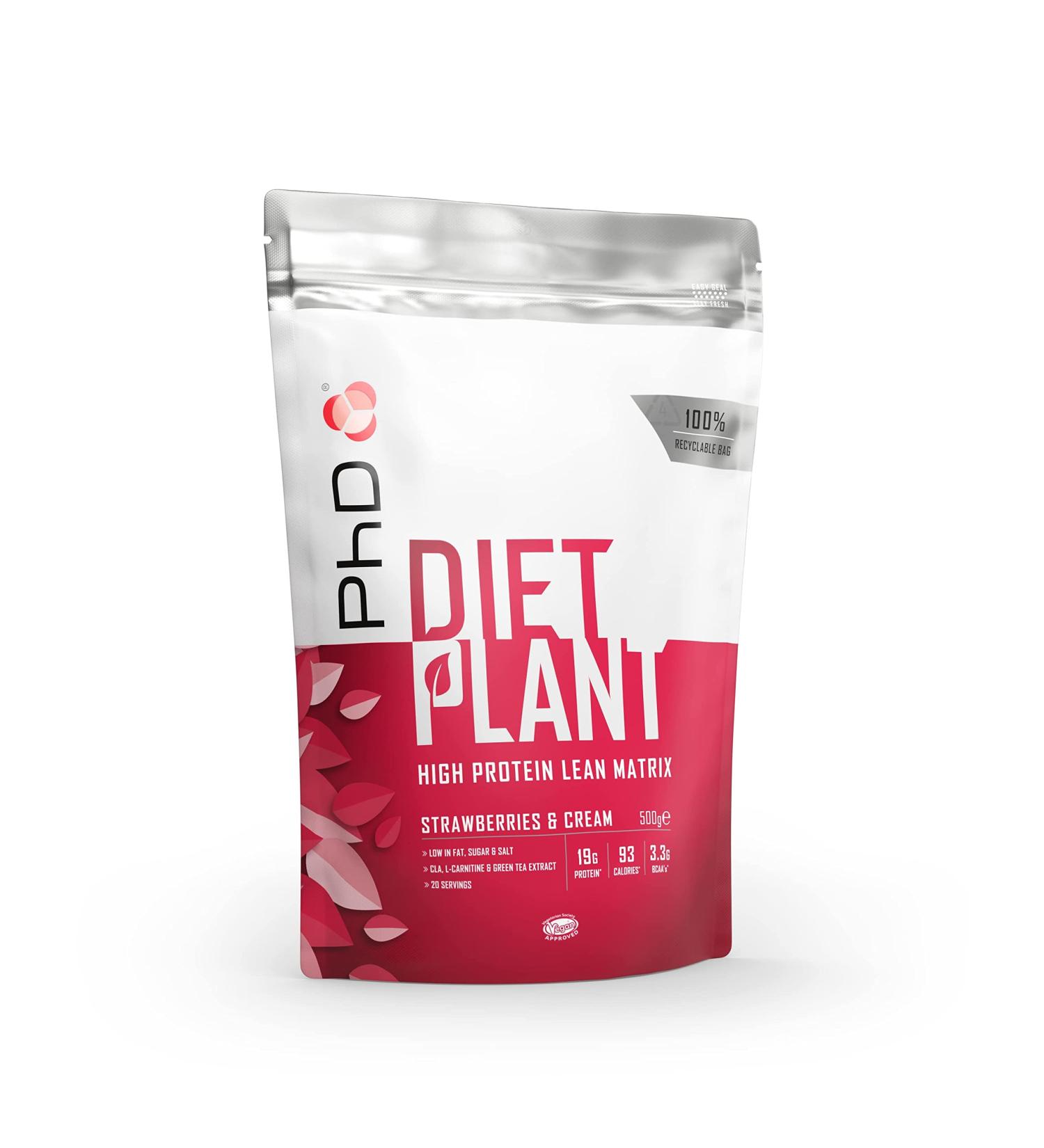 PhD Nutrition Diet Plant Vegan Protein Powder Plant Based Strawberries and Cream 19g of Plant Protein 20 Servings Per 500g Bag Strawberry and Cream 500 g - Buy Online on GoSupps.com