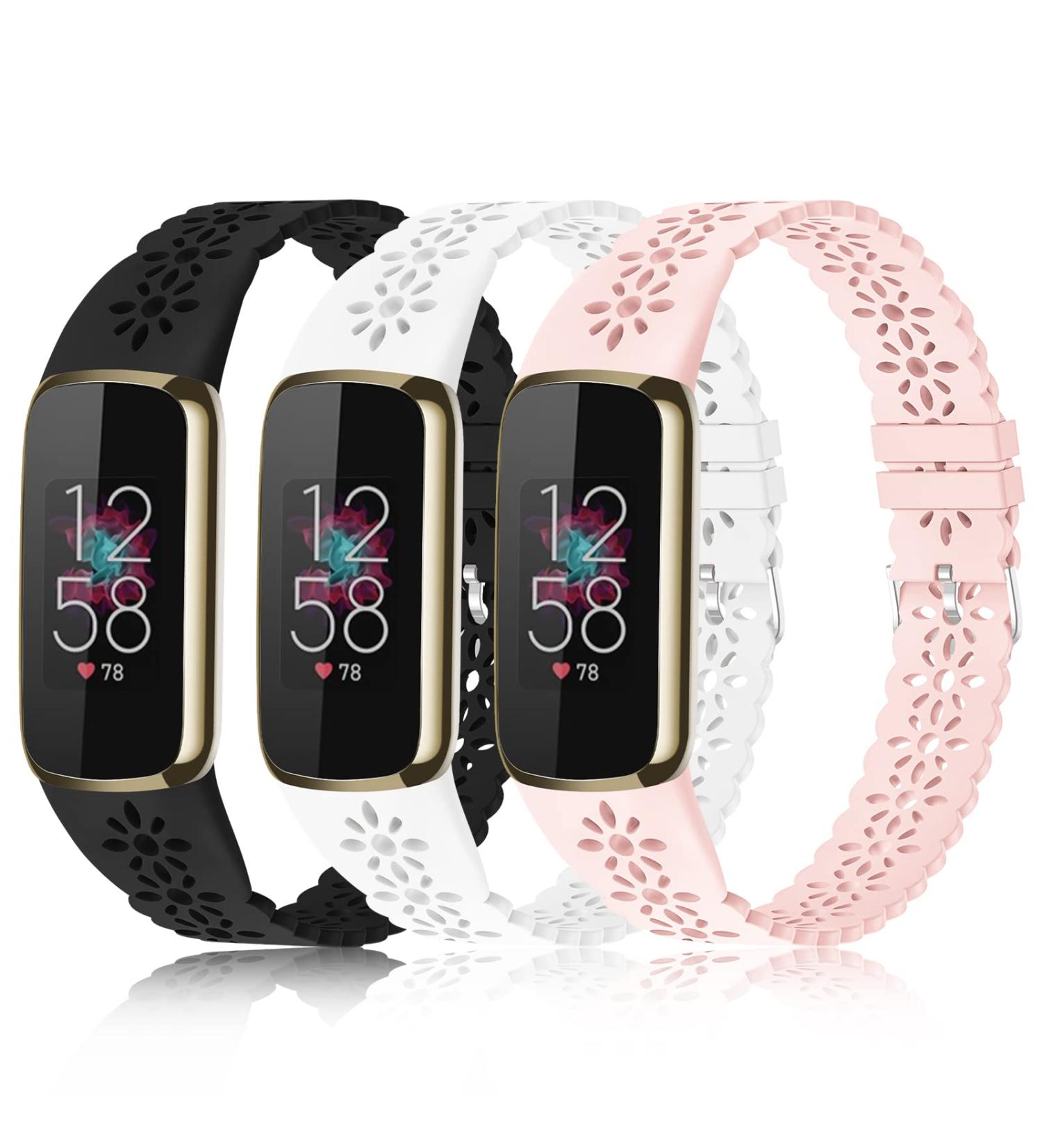 3 Pack Slim Sport Bands for Fitbit Luxe - Soft Silicone Lace Hollow-Out Replacement Wristbands - Breathable & Stylish - Fits 5.6 - 7.1 Wrists - A-BlackWhitePink - Buy Online on GoSupps.com