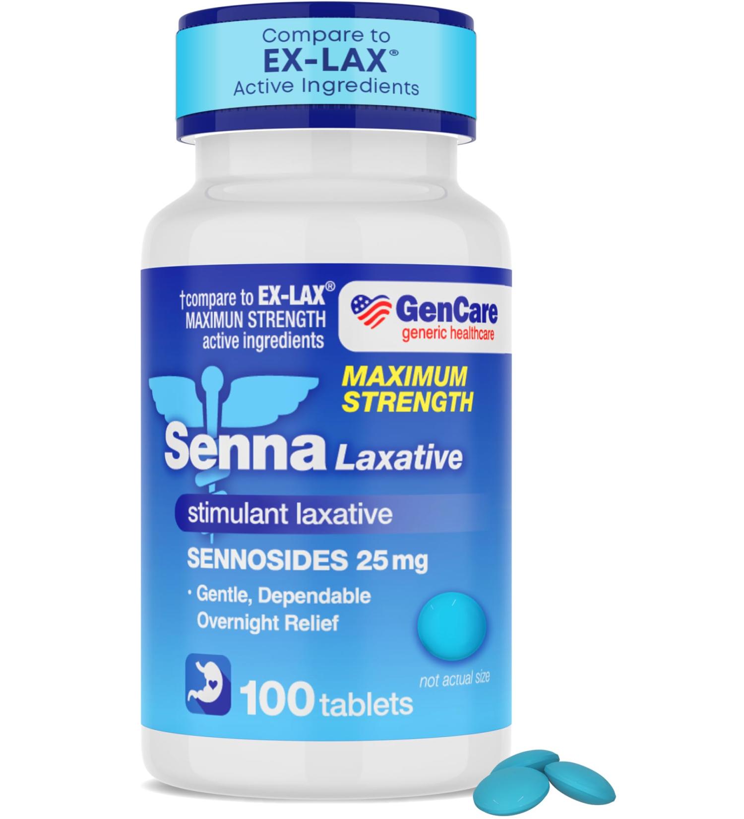 GenCare - Maximum Strength Senna Laxative 25mg (100 Tablets) - Gentle Constipation Relief Sennosides USP Stimulant Laxatives Digestion Pills - Natural Overnight Relief while You Sleep - Generic Ex Lax - Buy Online on GoSupps.com