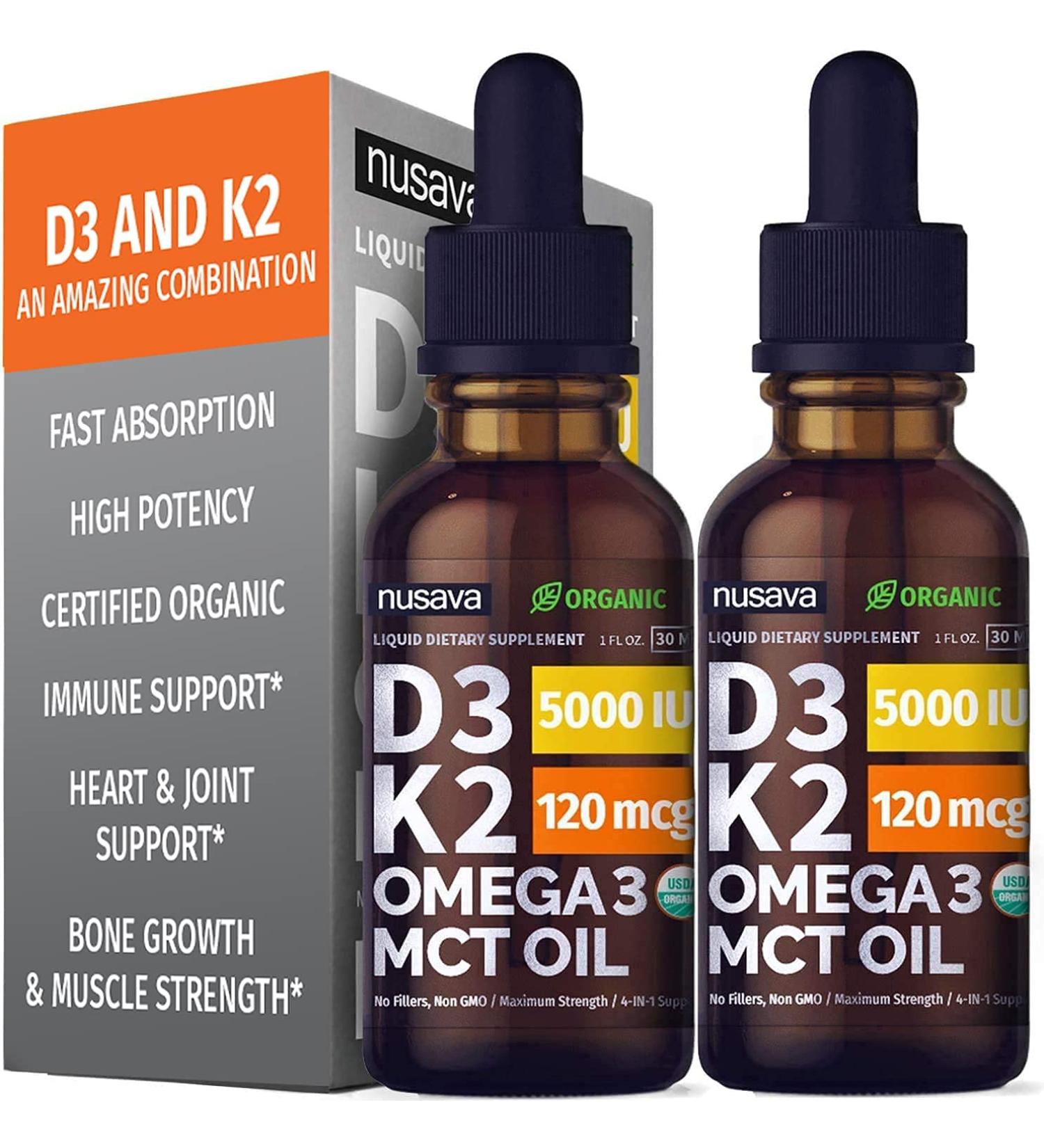 Organic Vitamin D3 K2 Drops with MCT Oil & Omega 3 Ã¢â¬â 5000 IU  2 Fl Oz - 2 Pack - Buy Online on GoSupps.com