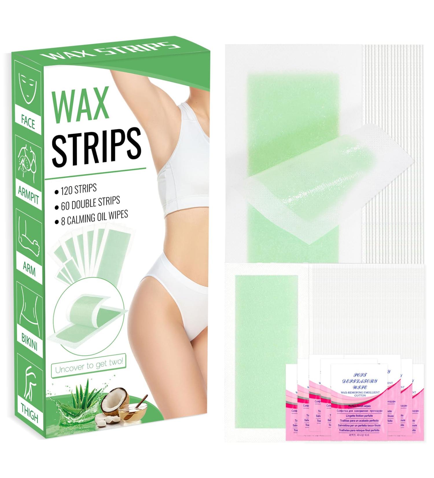 Wax Strips for Body Hair Removal | 120 Strips + 8 Oil Wipes | Dual Sided Bikini & Brazilian Wax Kit for Men & Women - Odourless & Skin-Friendly - Buy Online on GoSupps.com