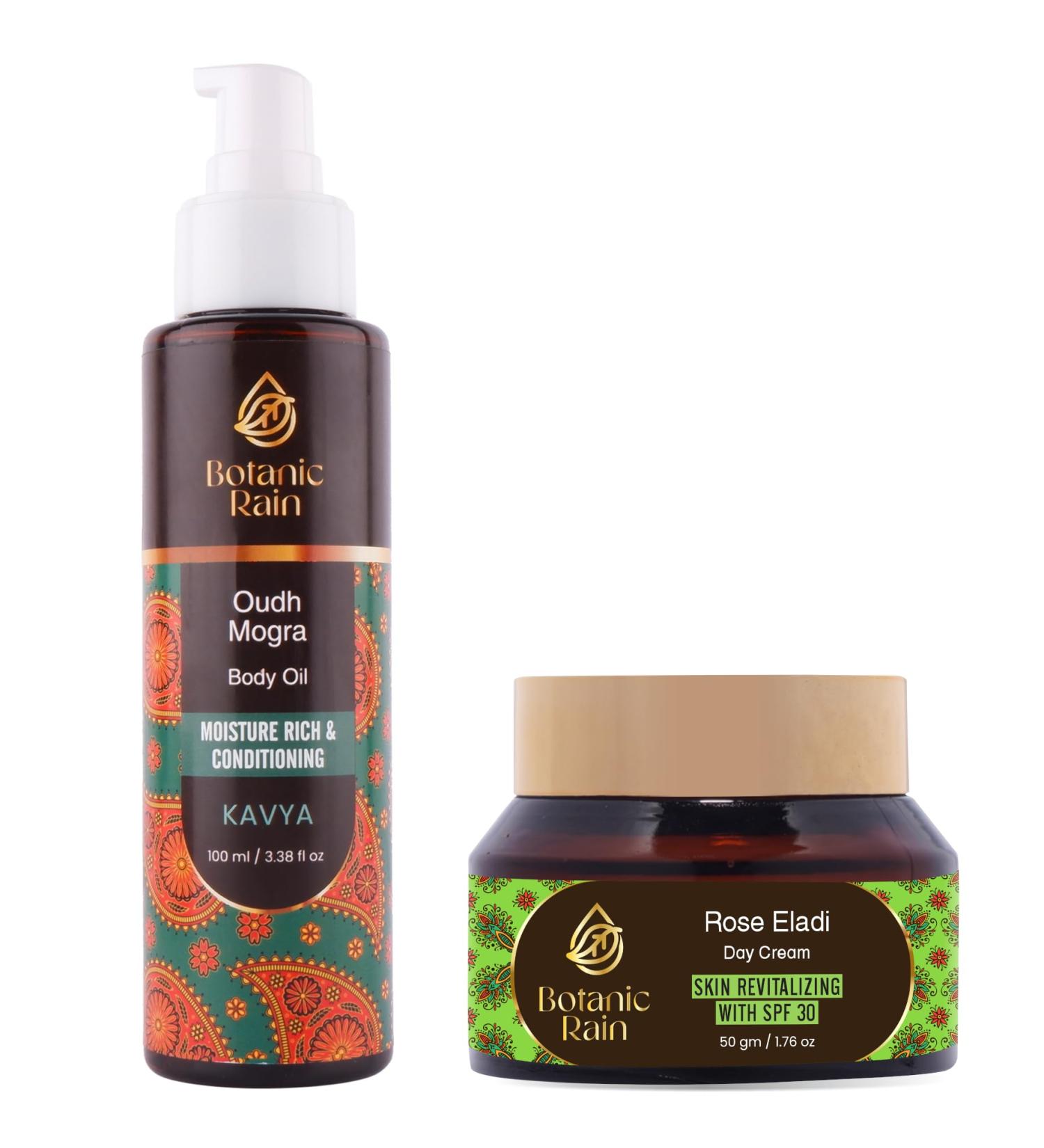 Botanic Rain Organic Body Oil With Oudh Mogra And Face Moisturizer With SPF With Rose Eladi Natural Ayurveda Products Suitable For All Skin Types For Women And Men - Buy Online on GoSupps.com
