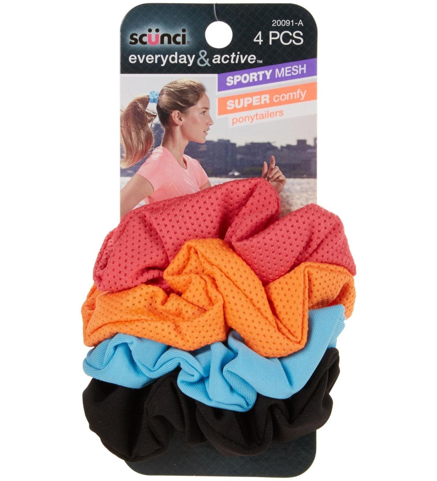 Scunci Everyday & Active Sporty Mesh & Super Comfy Ponytailers Assorted Colors 4 Pieces