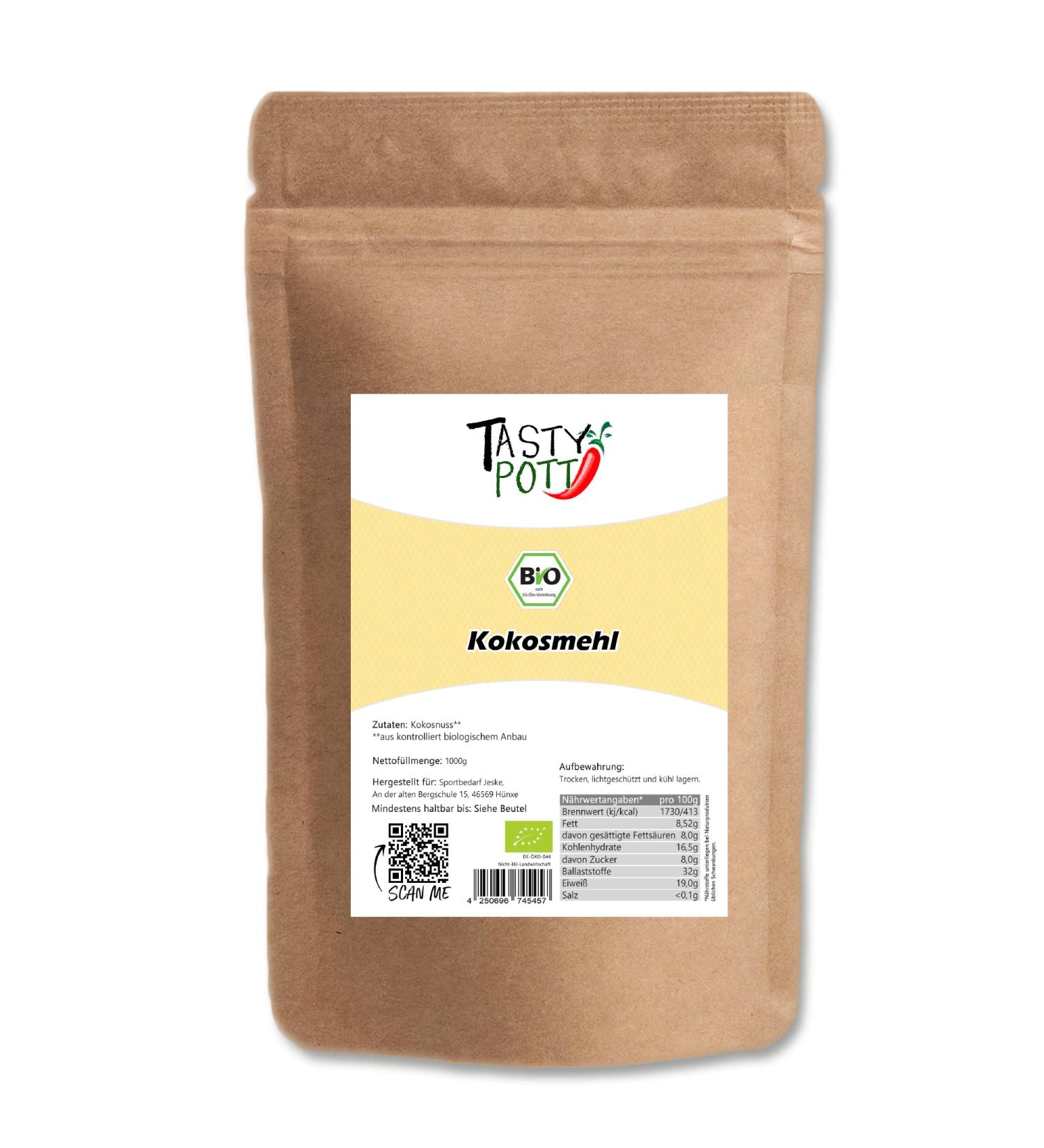 Jeske Sports Supplies Tasty Pott Organic coconut flour glutenfree flour from ground coconuts vegan cuisine cake plant flour in bag 1000 g - Buy Online on GoSupps.com