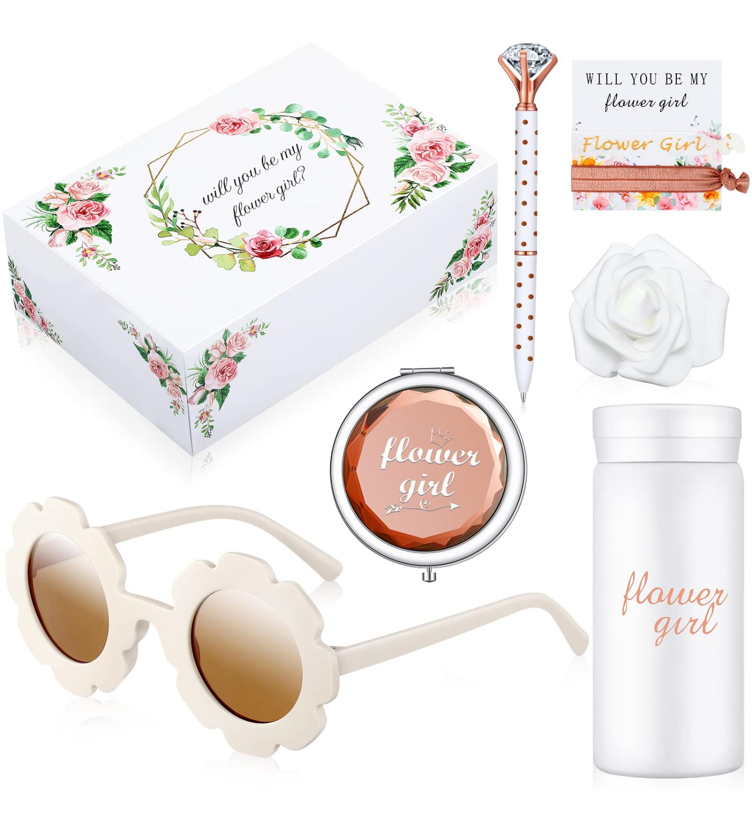 8 Pcs Flower Girl Proposal Gift Set - Water Bottle, Mirror, Diamond Pen, Hair Tie, Rose Head for Wedding/ Bride Shower - Buy Online on GoSupps.com