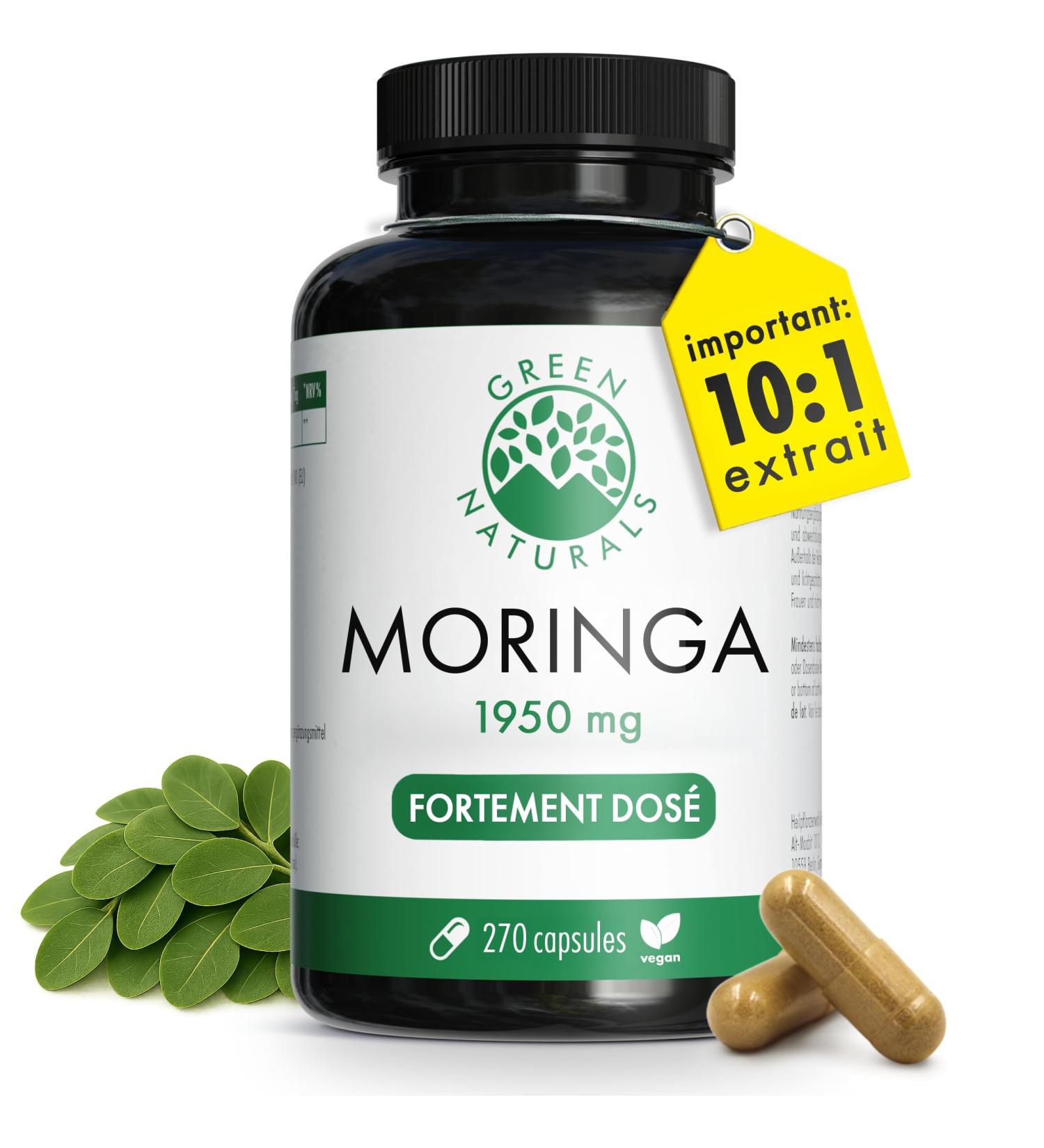 Green Naturals Moringa Oleifera Haute dose 19.500 mg quivalent poudre de moringa (1.950 mg d extrait 10:1) 100% v gane & sans additifs Test en laboratoire 270 g lules (3 mois) - Buy Online on GoSupps.com