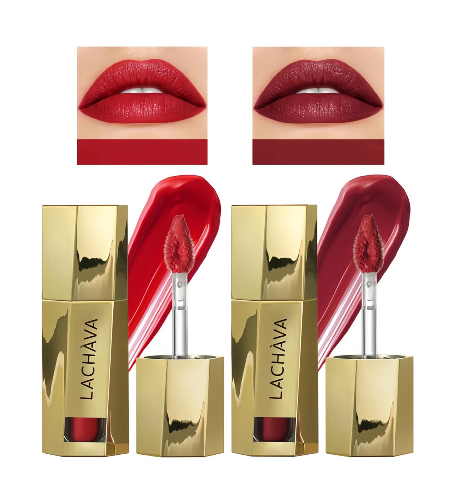 2 Pack Semi-Matte Liquid Lipstick Tinted Red Lip Gloss Moisturizing Lip Plumping Nude Color Lipstick for Women Girls Lightweight Finish Non-Sticky Long Lasting - Buy Online on GoSupps.com