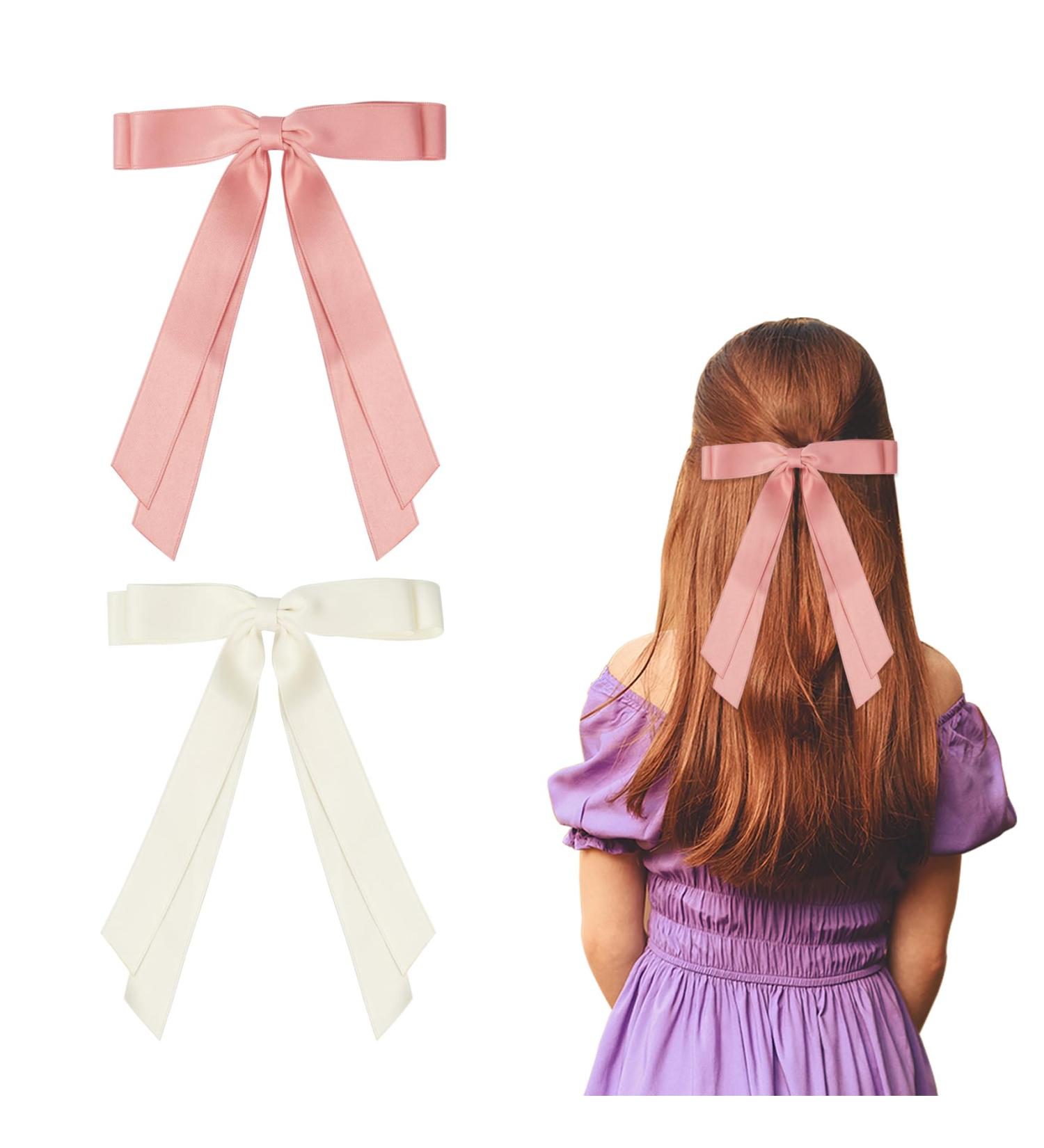 2 Pack Hair Bows for Women Beige Bow Hair Clips French Barrette with Long Silky Satin Hair Ribbons for Women Girls(Beige Pink) - Buy Online on GoSupps.com