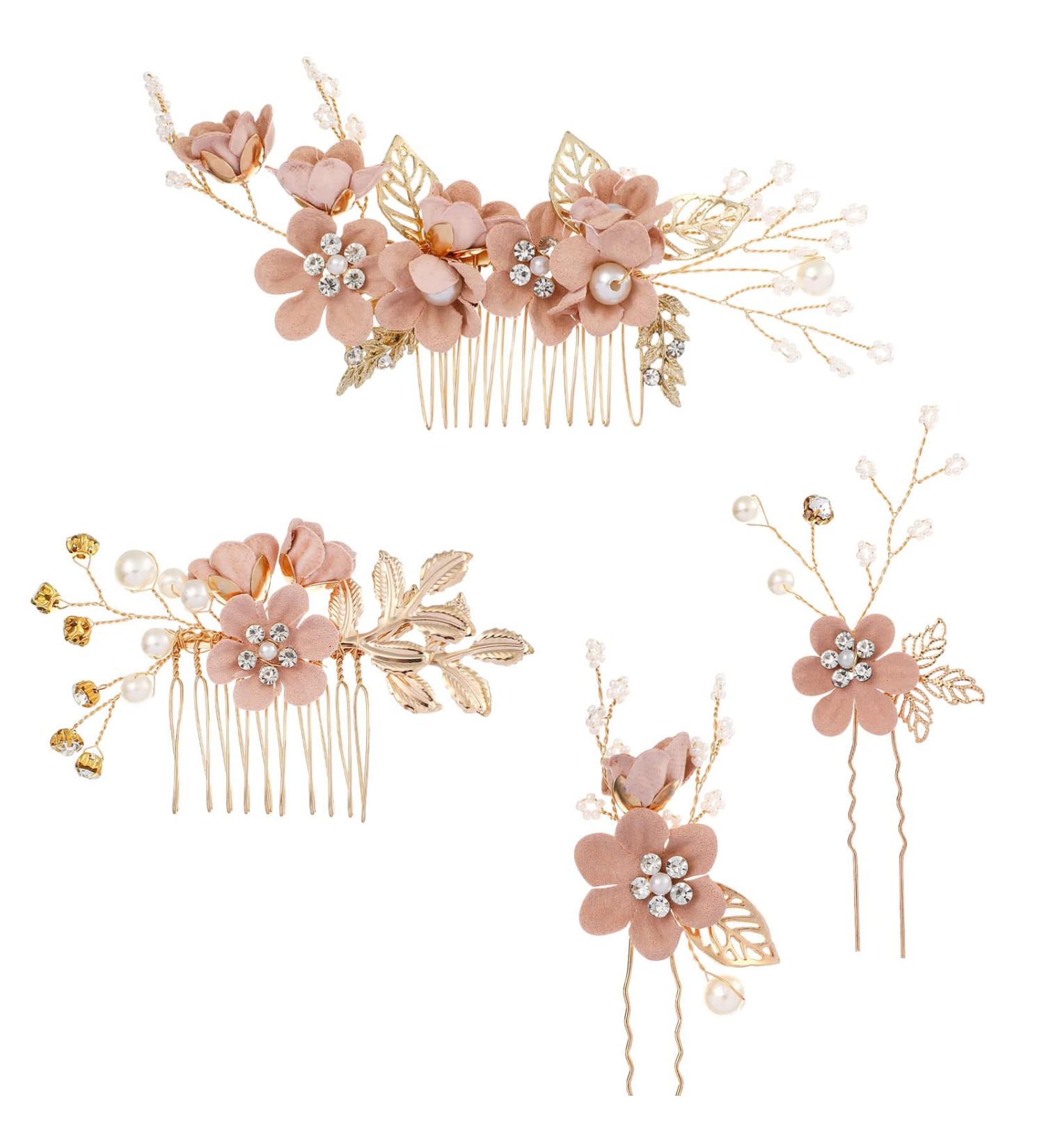 Buy Toyvian Floral Bridal Headband Set - 4 Strass Crystal Hair Accessories for Weddings & Evenings (Pink) - International Shipping Available - Buy Online on GoSupps.com