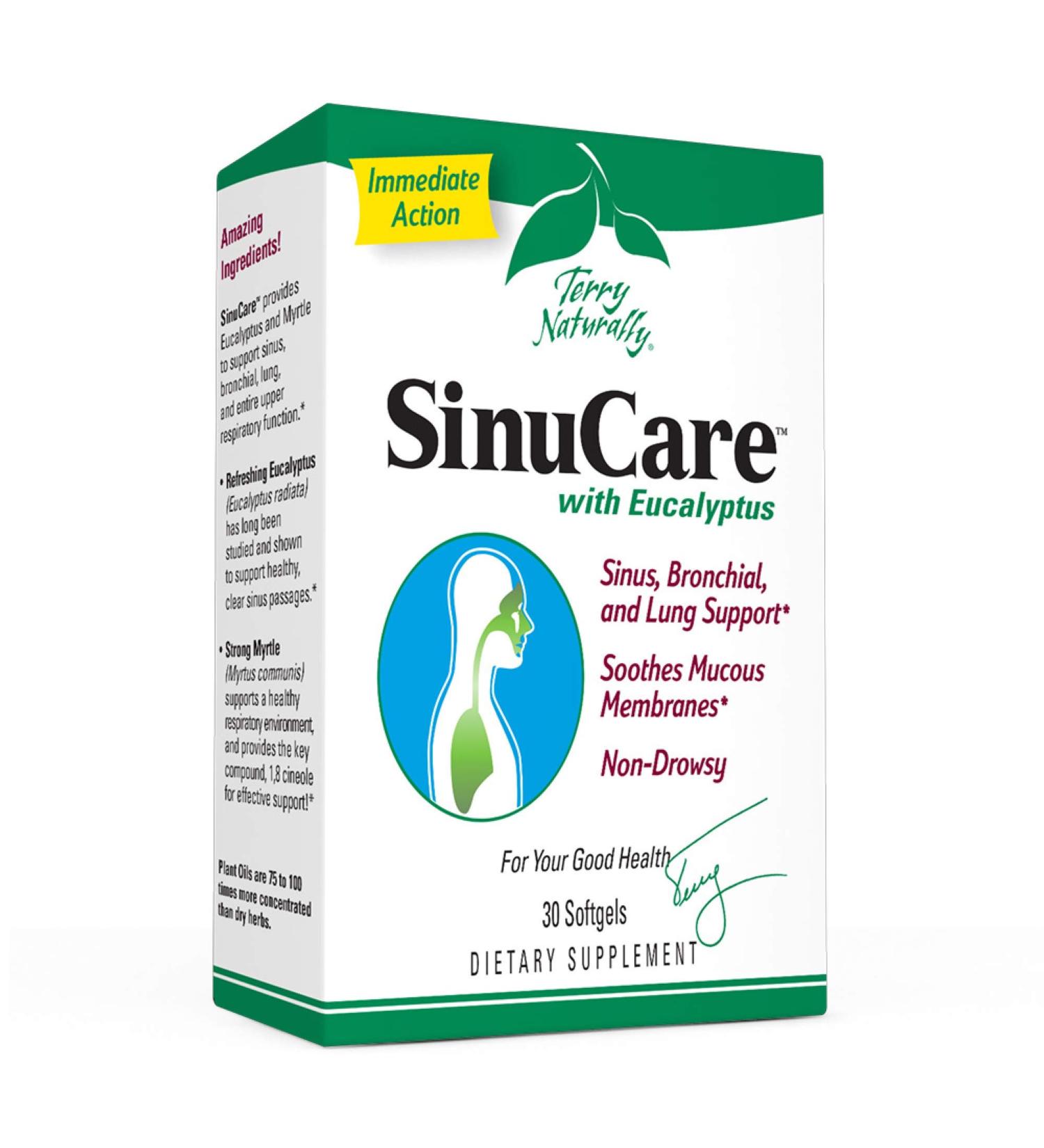 Terry Naturally SinuCare - Eucalyptus & Myrtle Oil Complex 320mg - Sinus and Lung Support 30 Softgels - Non-Drowsy, Non-GMO, Gluten-Free - 15 Servings - Buy Online on GoSupps.com