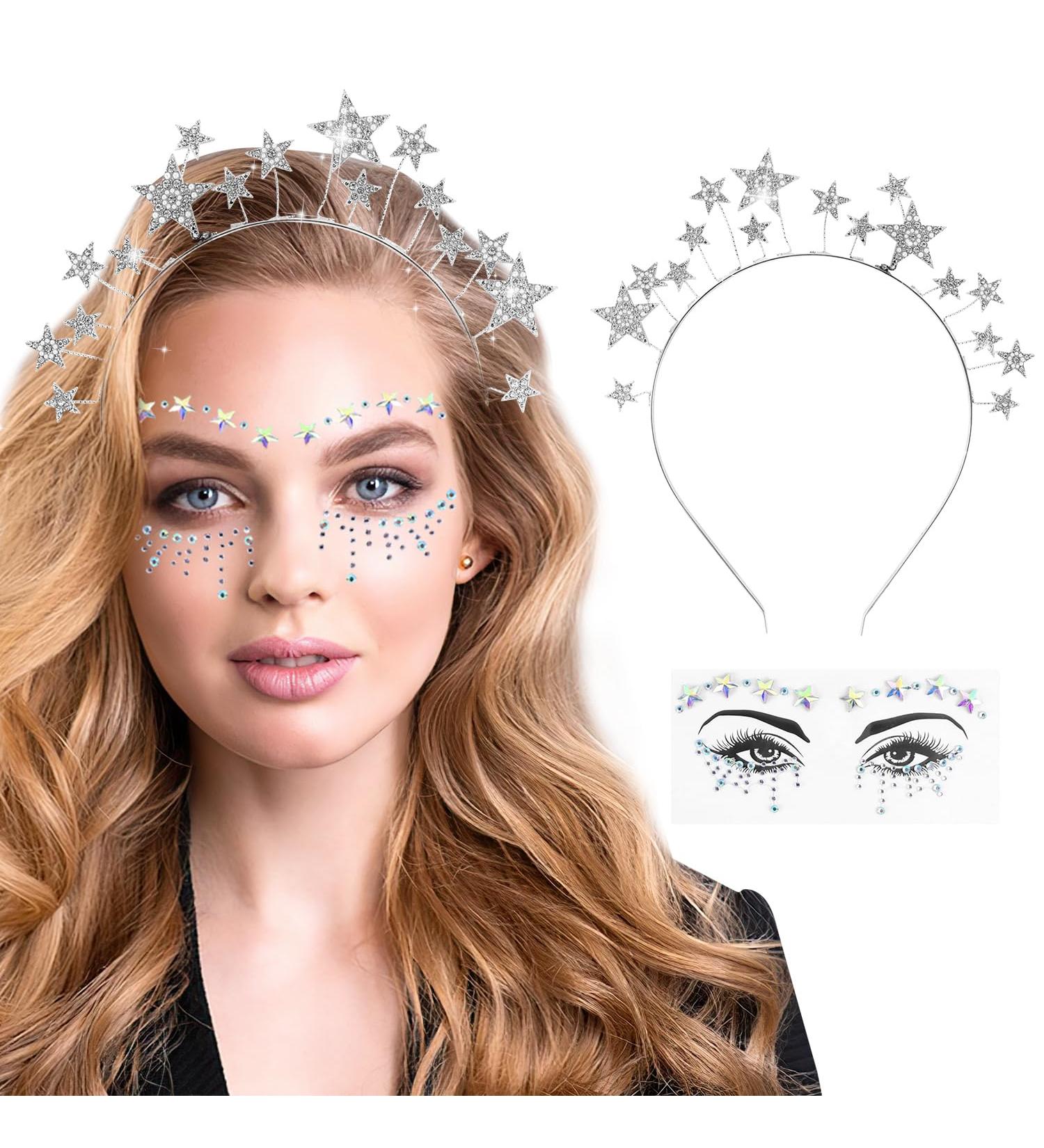 Stars Headband Star Adhesive Face Headbands Star Headbands Rhinestone for Carnival Parties Cosplay and Birthday Parties (Silver) - Buy Online on GoSupps.com