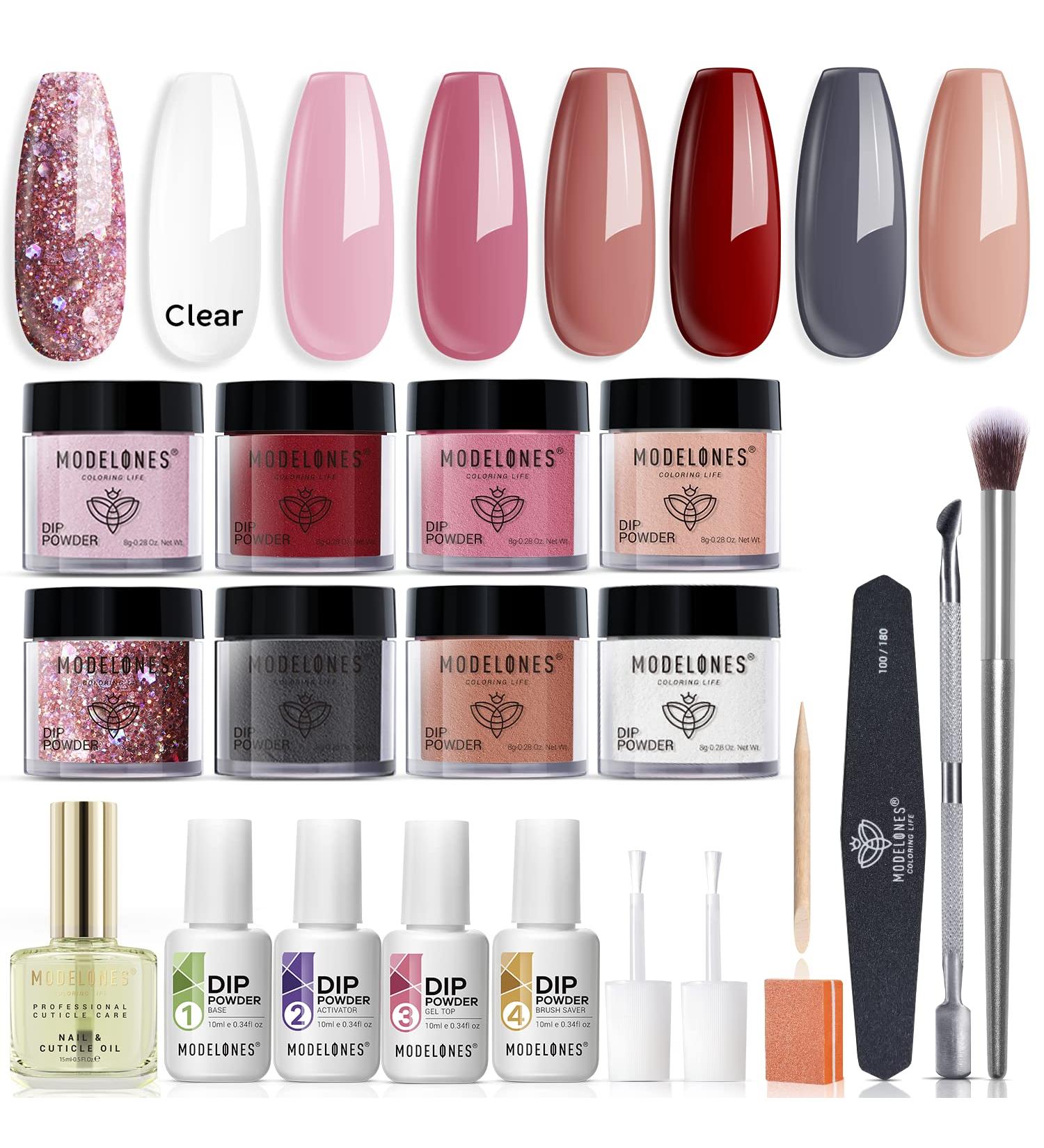 Modelones 20 Pcs Dip Powder Nail Kit Starter Set - 8 Colors Light Pink Glitter Nude Neutral Clear Dipping Powder System Liquid with Base/Top Coat Activator Brush for French Nail Art - DIY Salon Gift | Z-Gentle Pink - Buy Online on GoSupps.com
