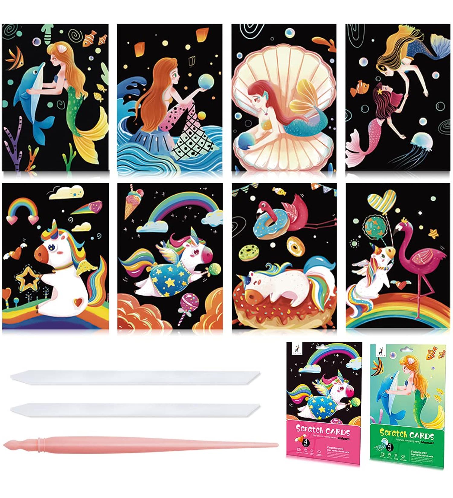 NAIHEY Scratch Art Rainbow Painting Set for Girls and Boys - Creative Engraving Craft Kit for Kids - Mermaid & Unicorn Theme - 8 Sheets - Buy Online on GoSupps.com
