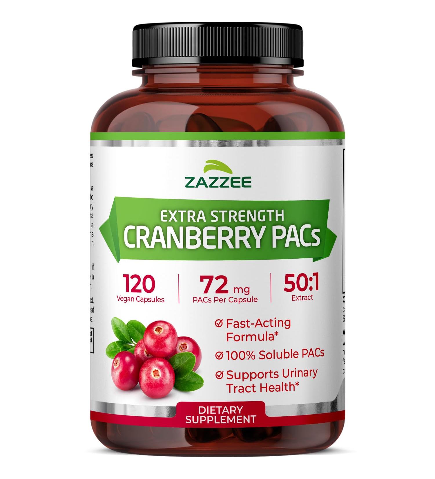 Zazzee Cranberry PACs 72 mg PACs per Capsule 2X Strength 100% Soluble 120 Vegan Capsules 50:1 Extract 18 200 mg Strength Fast-Acting Effective Urinary Tract Support Made in The USA 120 Count (Pack of 1) - Buy Online on GoSupps.com