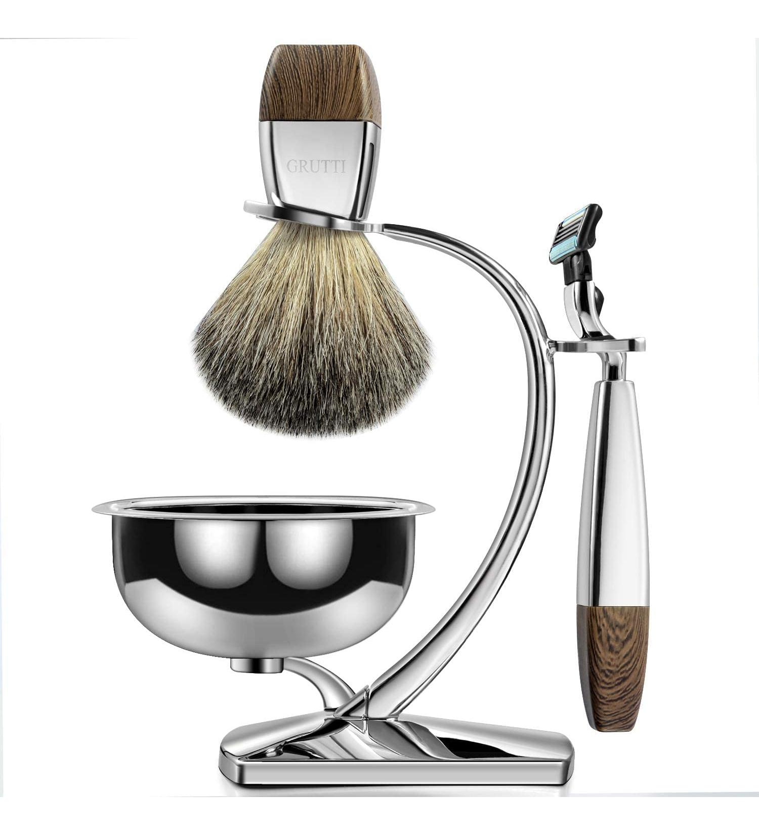 GRUTTI Luxury Safety Razor Shaving Kit for Men | Wet Shave Set with 100% Badger Brush, Shaving Bowl, and Razor Stand | Manual Safety Razor Compatible with Mach 3 | Wood Grain | Perfect Gifts for Men - Buy Online on GoSupps.com