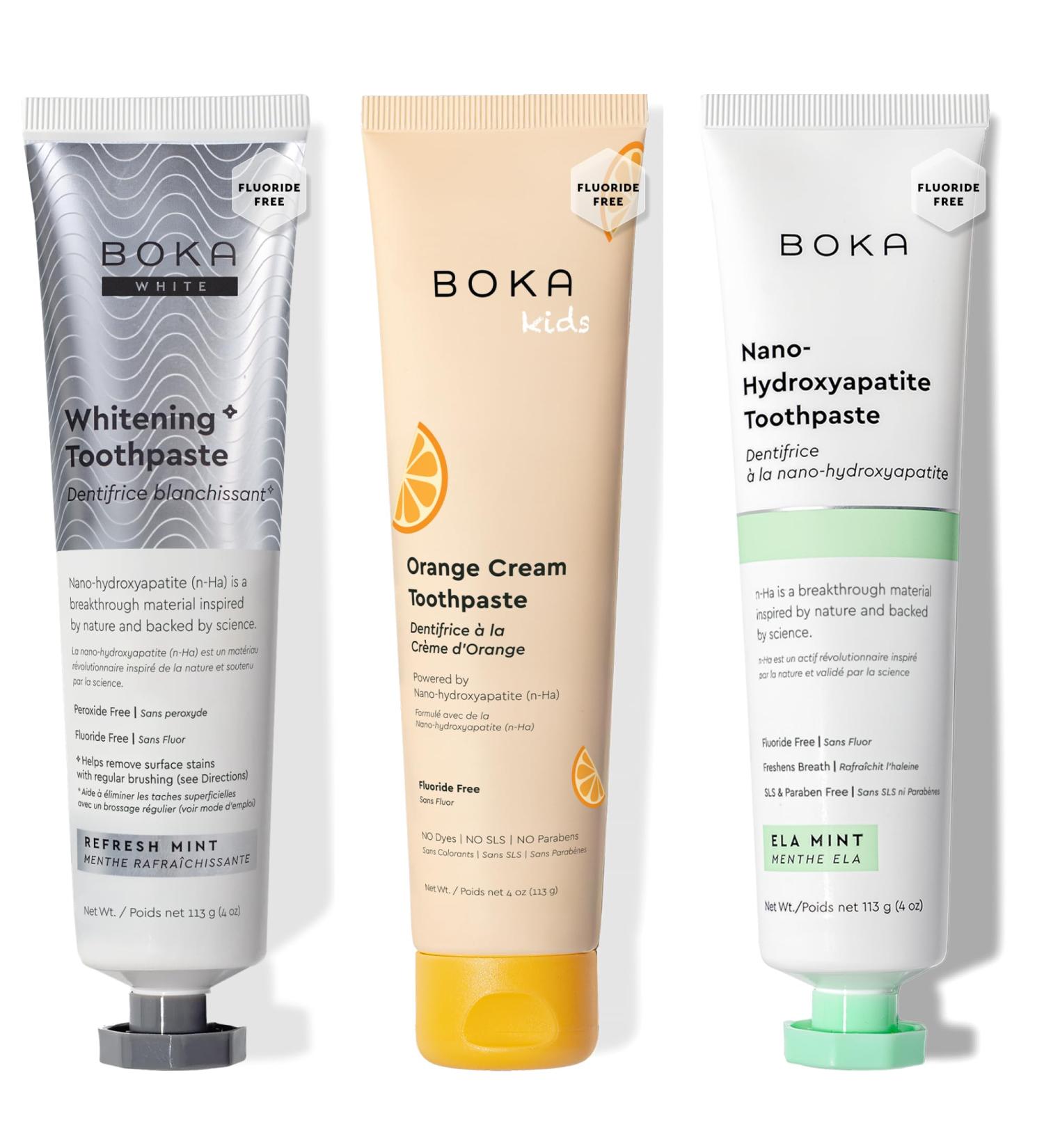 Boka Fluoride Free Toothpaste, Nano Hydroxyapatite Toothpaste, Appropriate for Sensitive Teeth - for Adult, Kids Oral Care - Ela Mint Flavor, Whitening*, Orange Cream, 4oz 3pk - Buy Online on GoSupps.com