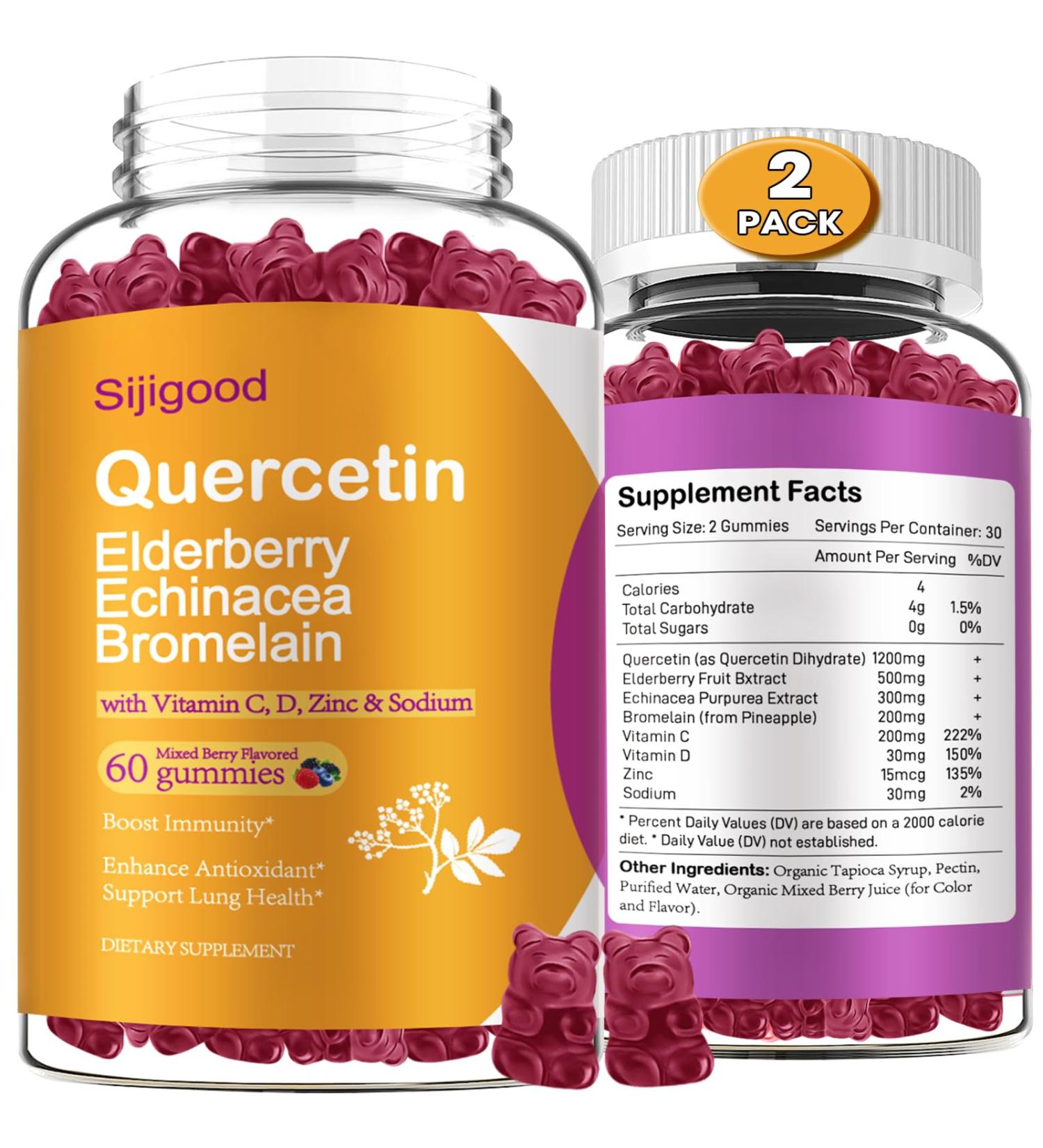 2 Packs Quercetin with Bromelain Gummies, Elderberry, Echinacea, Vitamin C D Zinc - Immune System Support 120 Counts Pure Quercetin Supplements Gummies for Kids & Adults Mixed Berry 60 Count (Pack of 2) - Buy Online on GoSupps.com