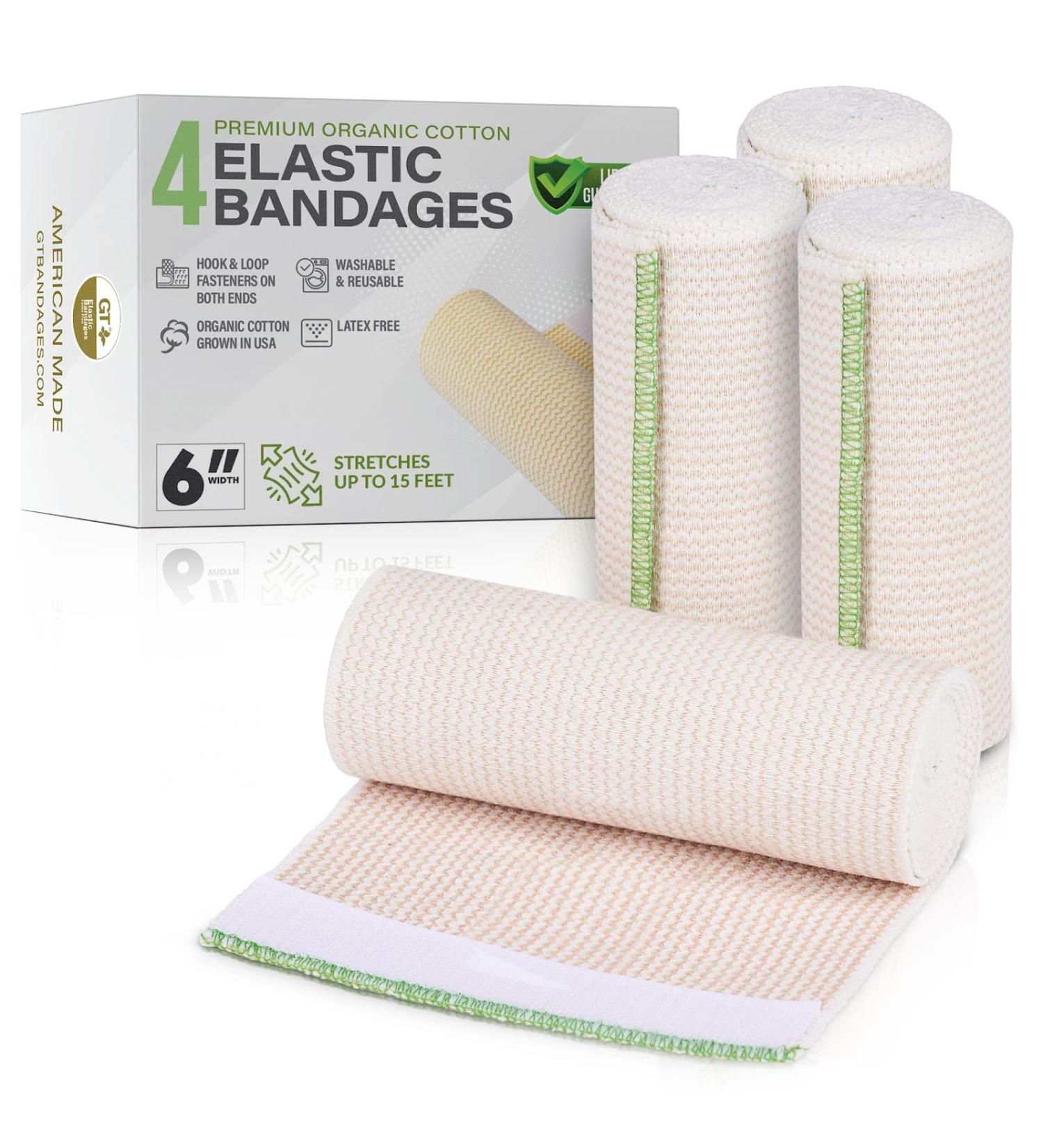 GT USA Organic Cotton Elastic Bandage Wrap | 6 Wide 4 Pack | Latex Free | Hypoallergenic Compression Roll for Sprains & Injuries - Buy Online on GoSupps.com