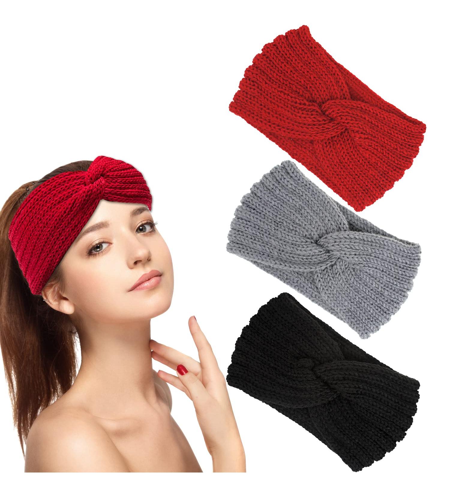 Powmag 3-Piece Knitted Headband Set for Women | Winter Hair Straps | Stylish Black Gray & Red Hair Bands - Buy Online on GoSupps.com