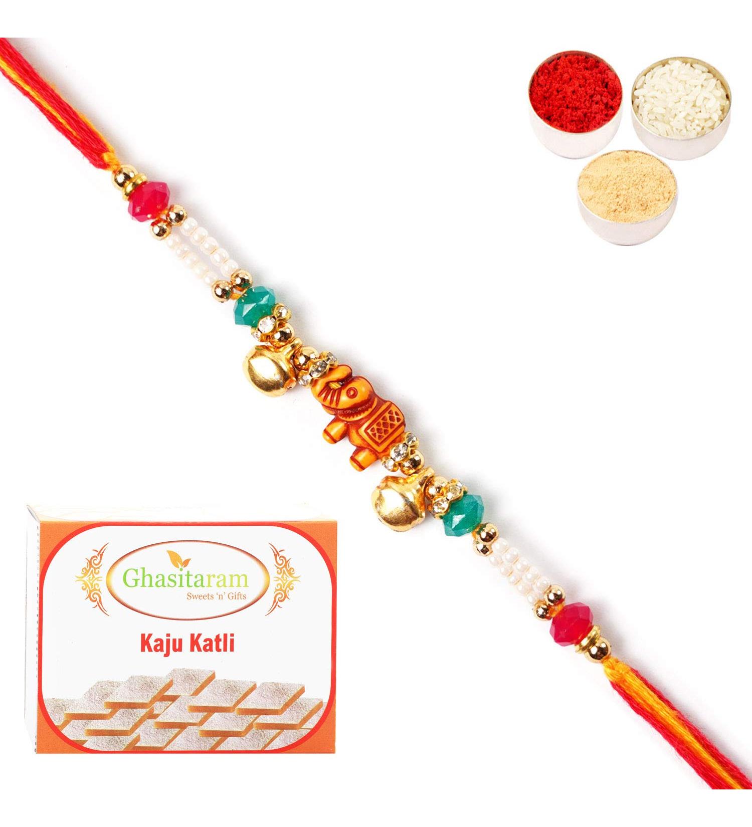 Ghasitaram Gifts Rakhi for Brother Rakhis Online 2216 Pearl Rakhi for My Brother with 200 GMS of Kaju katli Rakhi with 200 gms of Kaju katli - Buy Online on GoSupps.com