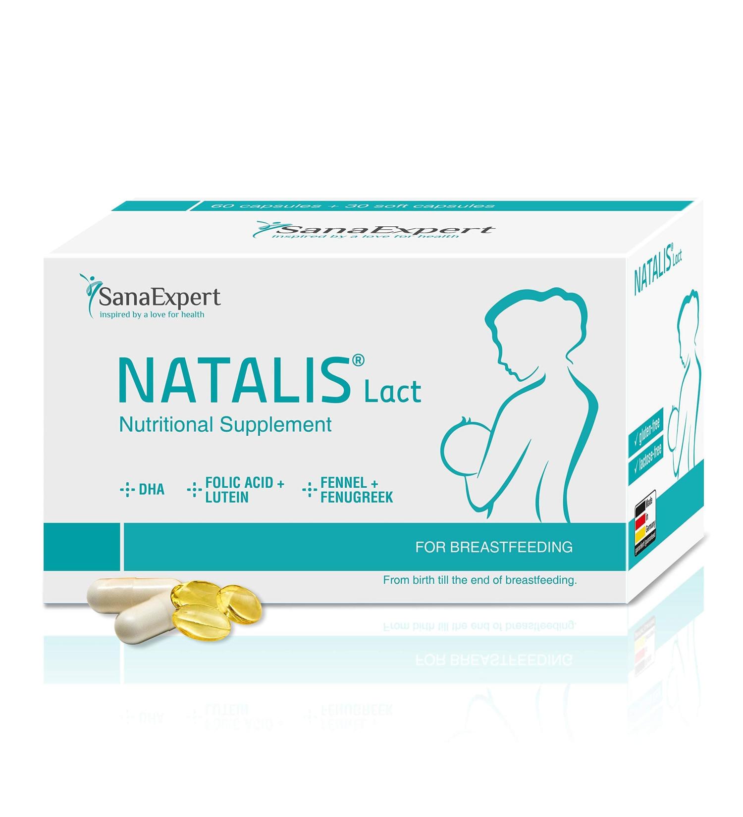 SanaExpert Natalis Lact Breastfeeding Vitamins with DHA Omega-3, Folic Acid, Fennel, Fenugreek - 90 Capsules - Buy Online on GoSupps.com