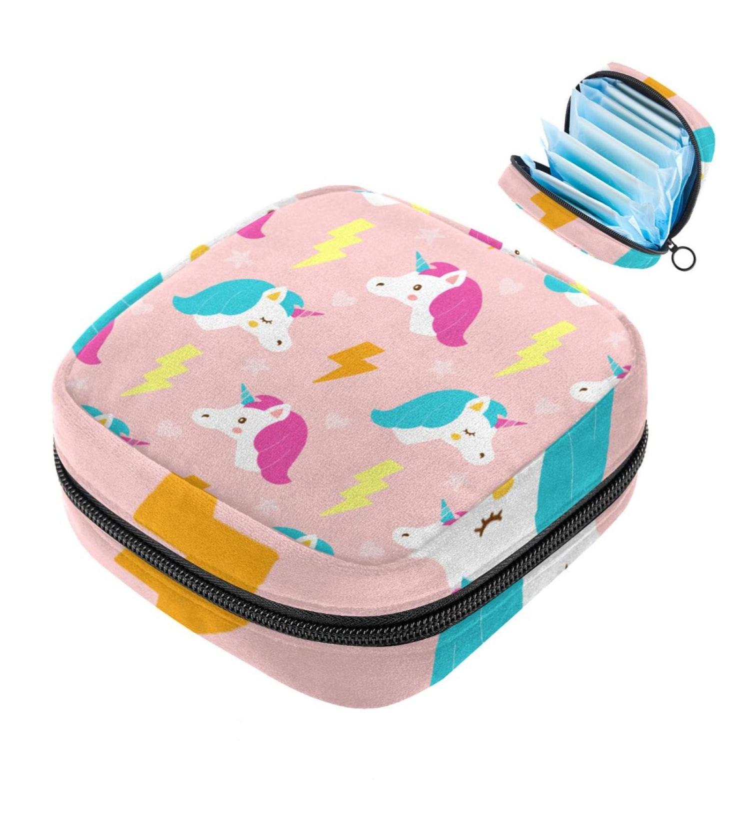 Shop Cute Unicorn Storage Bags for Women's Bandages & Menstrual Cups | Pink Multicolored Zipper Pouches for Tampons Panty Liners & Period Inserts - Buy Online on GoSupps.com