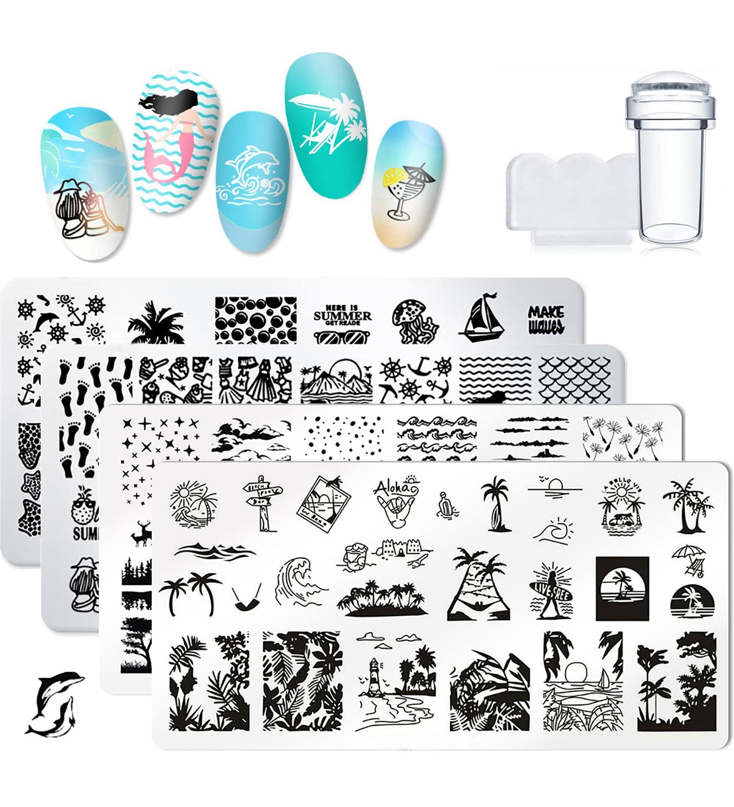 Summer Nail Stamp Template Kit - 4 Pcs Dolphin Starfish Coconut Leaf Stamping Plates Set | Nail Art Templates with Stamper & Scraper | Manicure Supplies - Buy Online on GoSupps.com