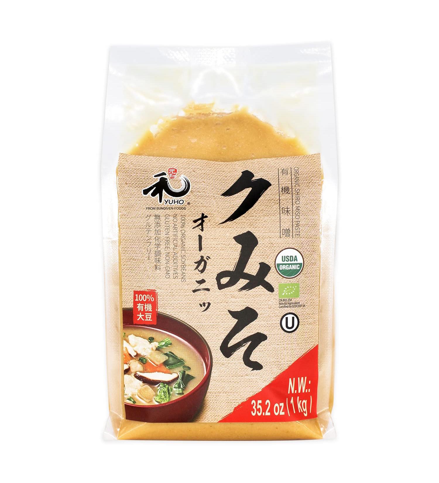 YUHO Organic White Miso Paste - 100% Soybean and Rice, Japanese Style, Vegan, Gluten-Free, Kosher, Non-GMO - 2.2lbs (35.2oz) - No Preservatives or MSG - Buy Online on GoSupps.com