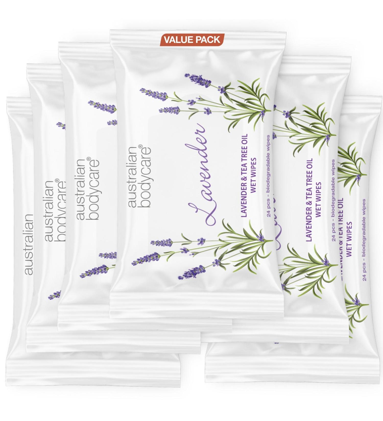 Lavender & tea tree oil wet wipes - 144 towels (6 packs) |Cleaning wipes against sweat dirt & make-up |Moisturizing & cooling |Hygiene for on the go |Biologically degradable tea tree oil + lavender 24 pieces (6 -pack)