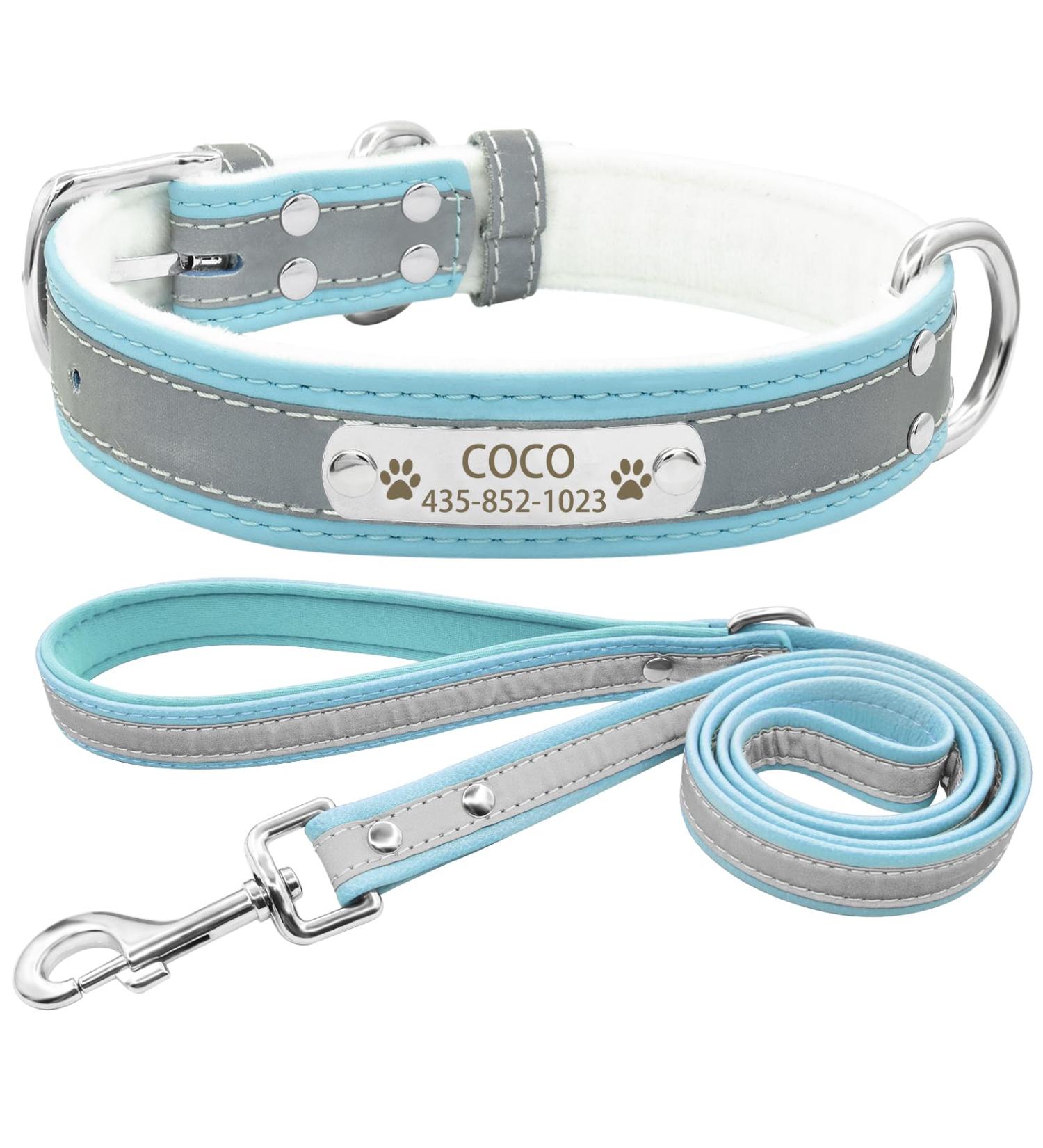 Personalized Reflective Dog Collar & Leash Set - Custom Engraved for Small Medium & Large Dogs & Cats - Senristar Blue (3.0 cm Width 45-55 cm Neck) - Buy Online on GoSupps.com