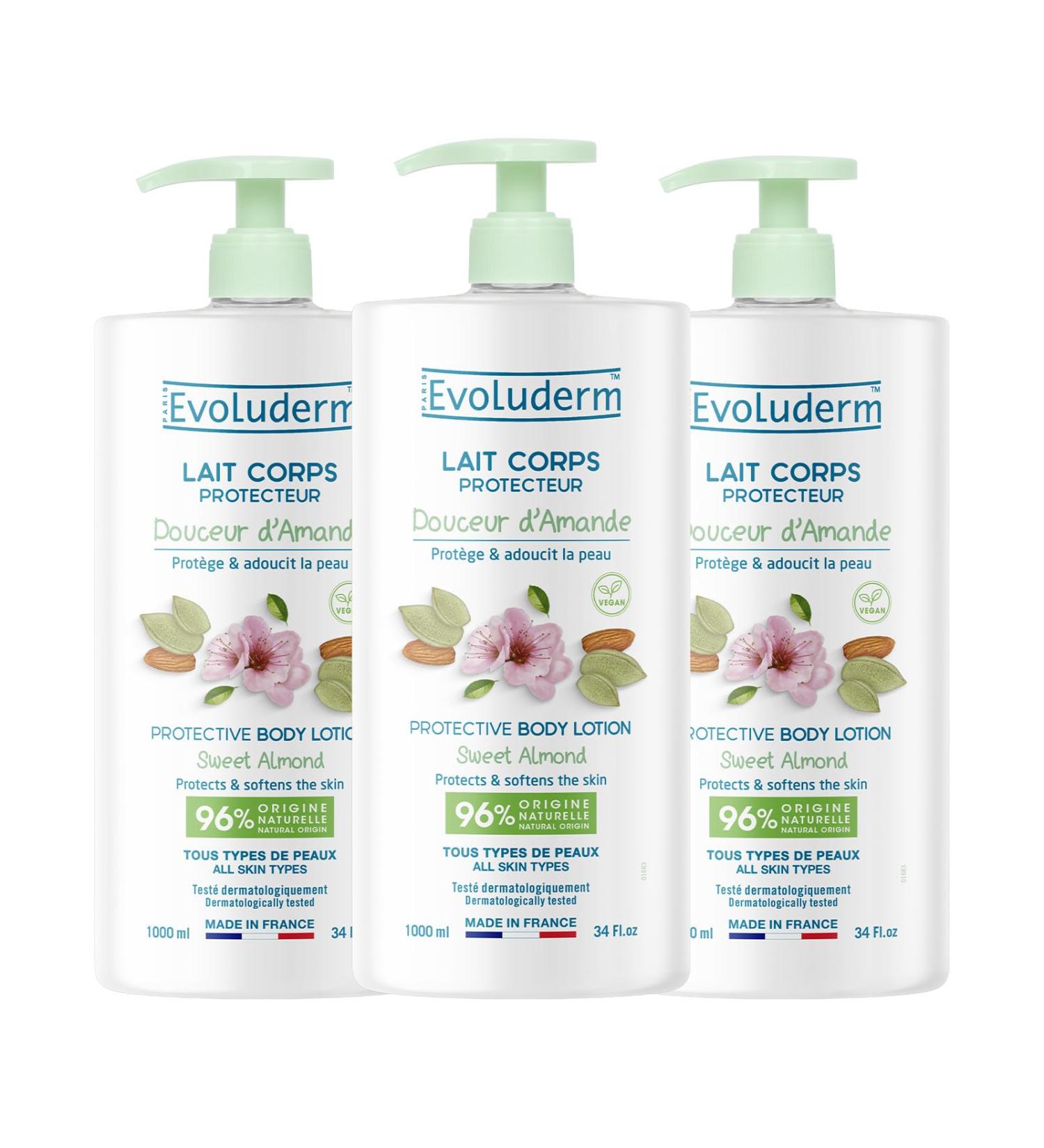 EVOLUDERM - Gentle Almond Protective Body Lotion - 1000 ml - 96% Natural Origin - Vegan - Made in France - Pack of 3 x 1000 ml