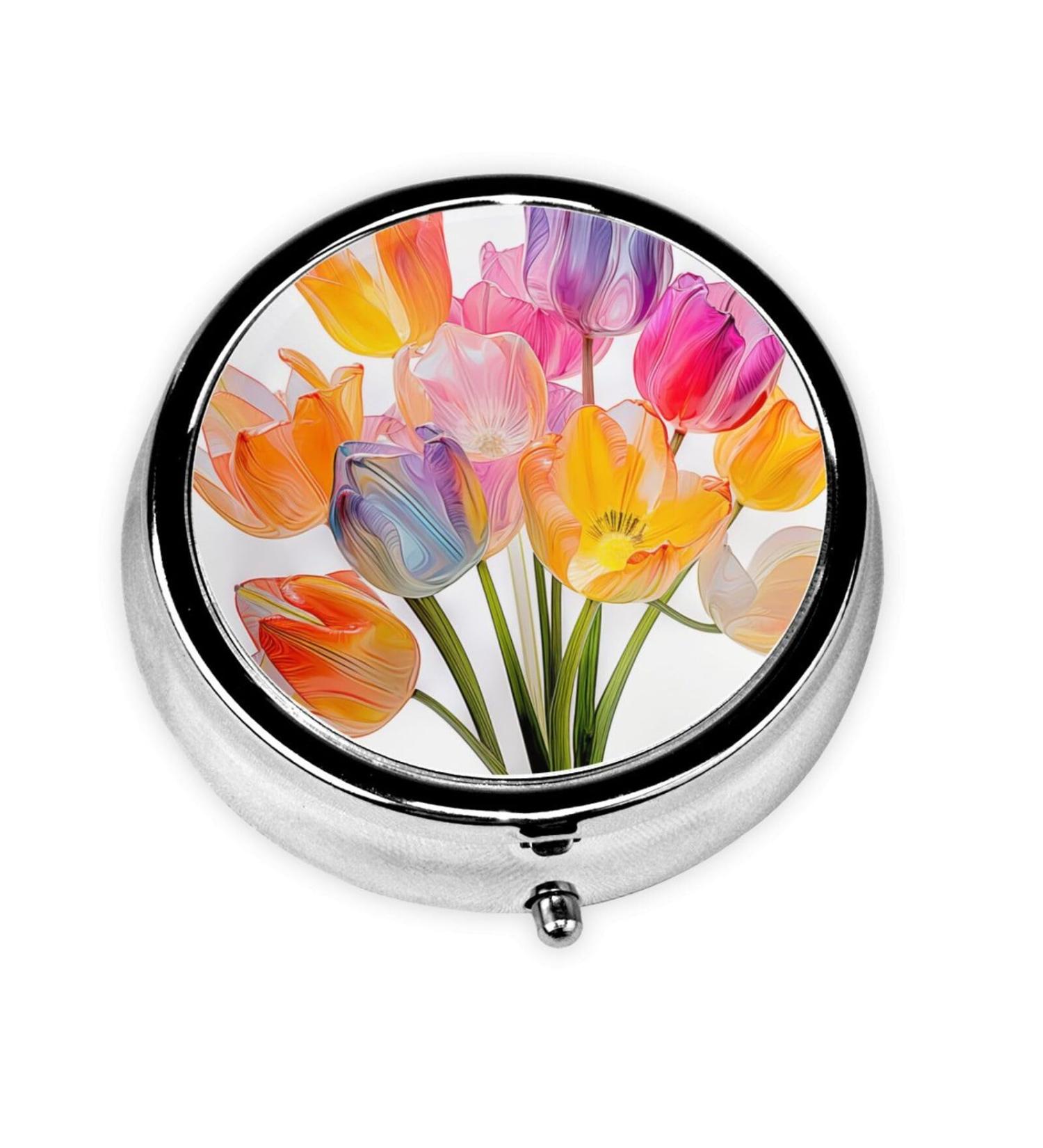 Colorful Transparent Tulips Portable Metal Pill Box | Round Mini 3-Compartment Design | Travel Must-Have for Small Pills - Buy Online on GoSupps.com