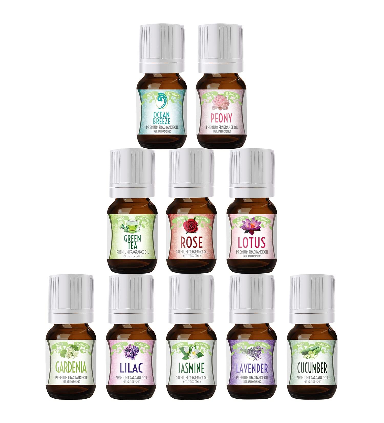 Floral Ocean Gardens Essential Oil Set - Pack of 10 (5ml each) with Lavender, Rose, Jasmine, Lilac, Lotus, Peony, Gardenia, Green Tea, Cucumber, Ocean Breeze Scents - Buy Online on GoSupps.com