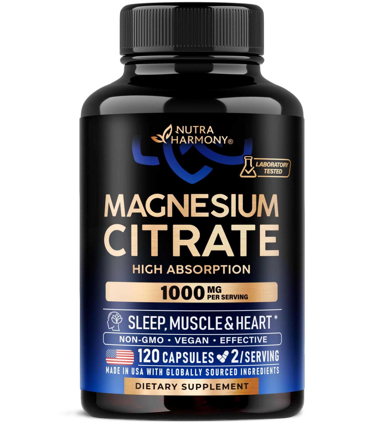 Magnesium Citrate Capsules 1000mg | High Absorption Supplement - Sleep Muscle & Heart Support - Vegan | Non-GMO - Made in USA - As Powder | Pills | Tablets - 120 Capsules 2 Month Supply 120 Count (Pack of 1) - Buy Online on GoSupps.com