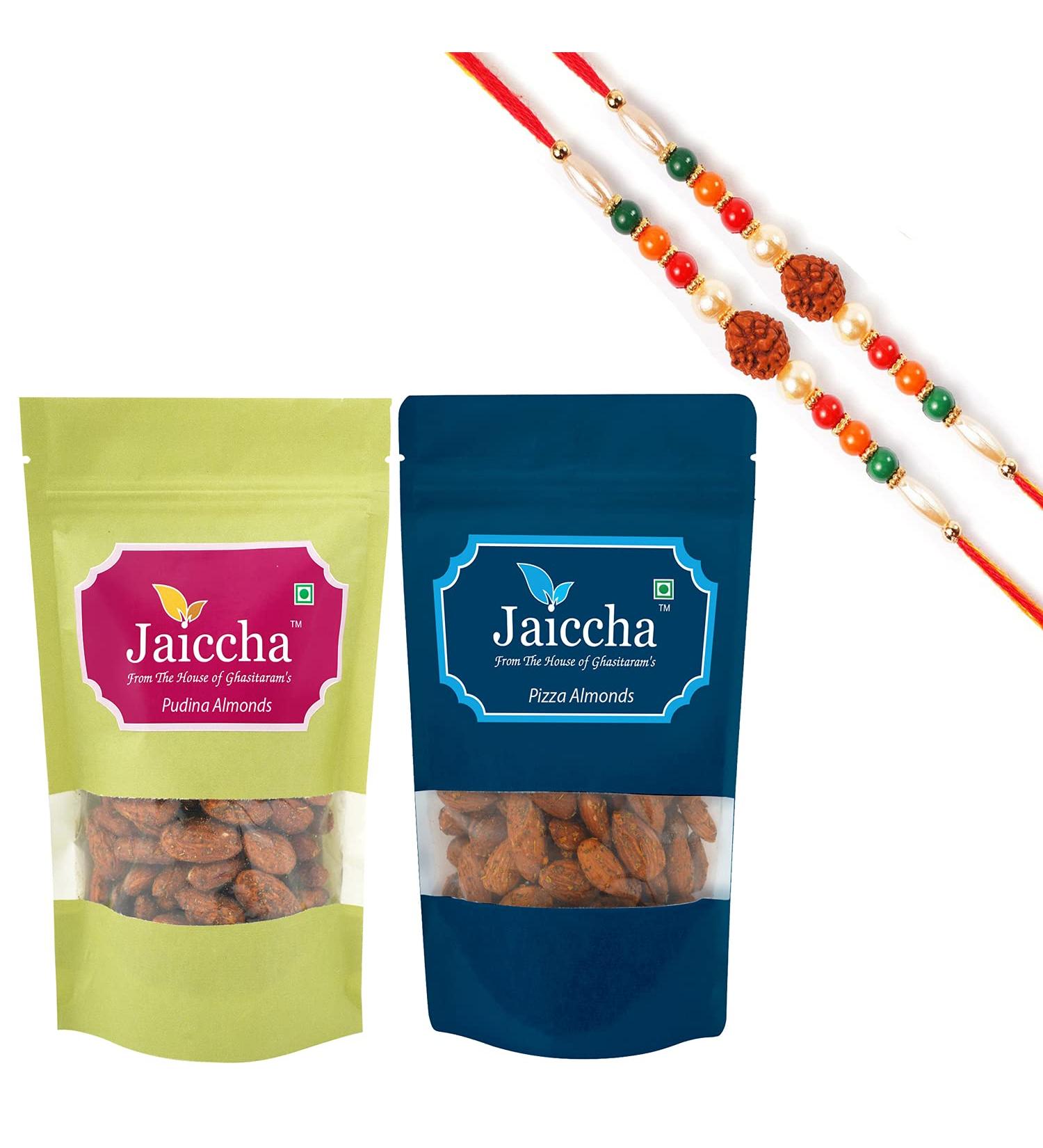 Jaiccha Ghasitaram Rakhi Gifts for Brothers Rakhi Dryfruits - Pack of 2 Pizza Pudina Almonds Pouches Small 200 GMS with 2 Rudraksh rakhis - Buy Online on GoSupps.com