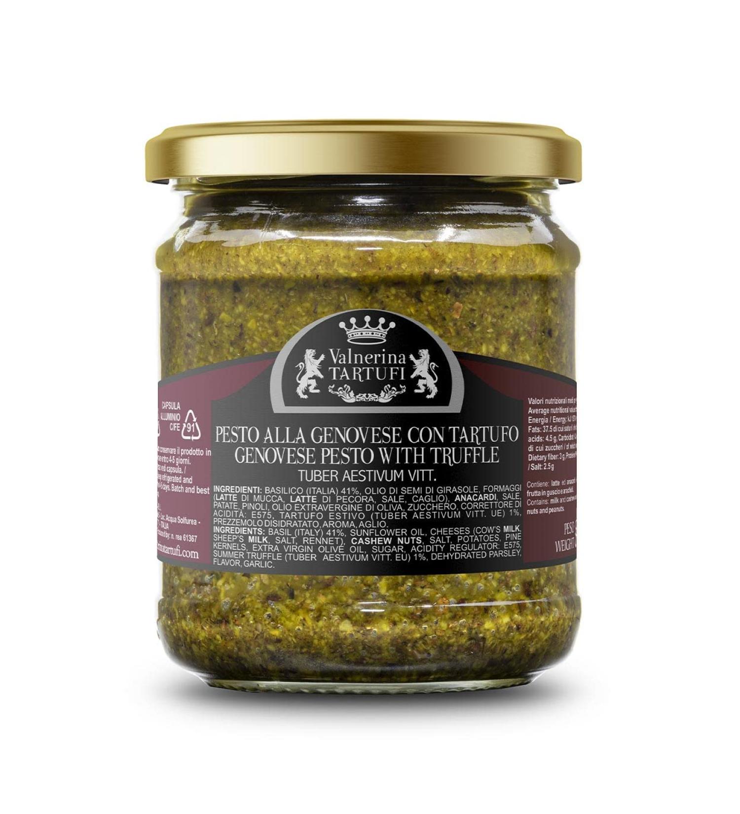 Valnerina Tartufi Italian Pesto alla Genovese Sauce with Summer Black Truffle | Pasta Seasoning Ready Sauce | Gastronomic Specialty | 180 gr jar.