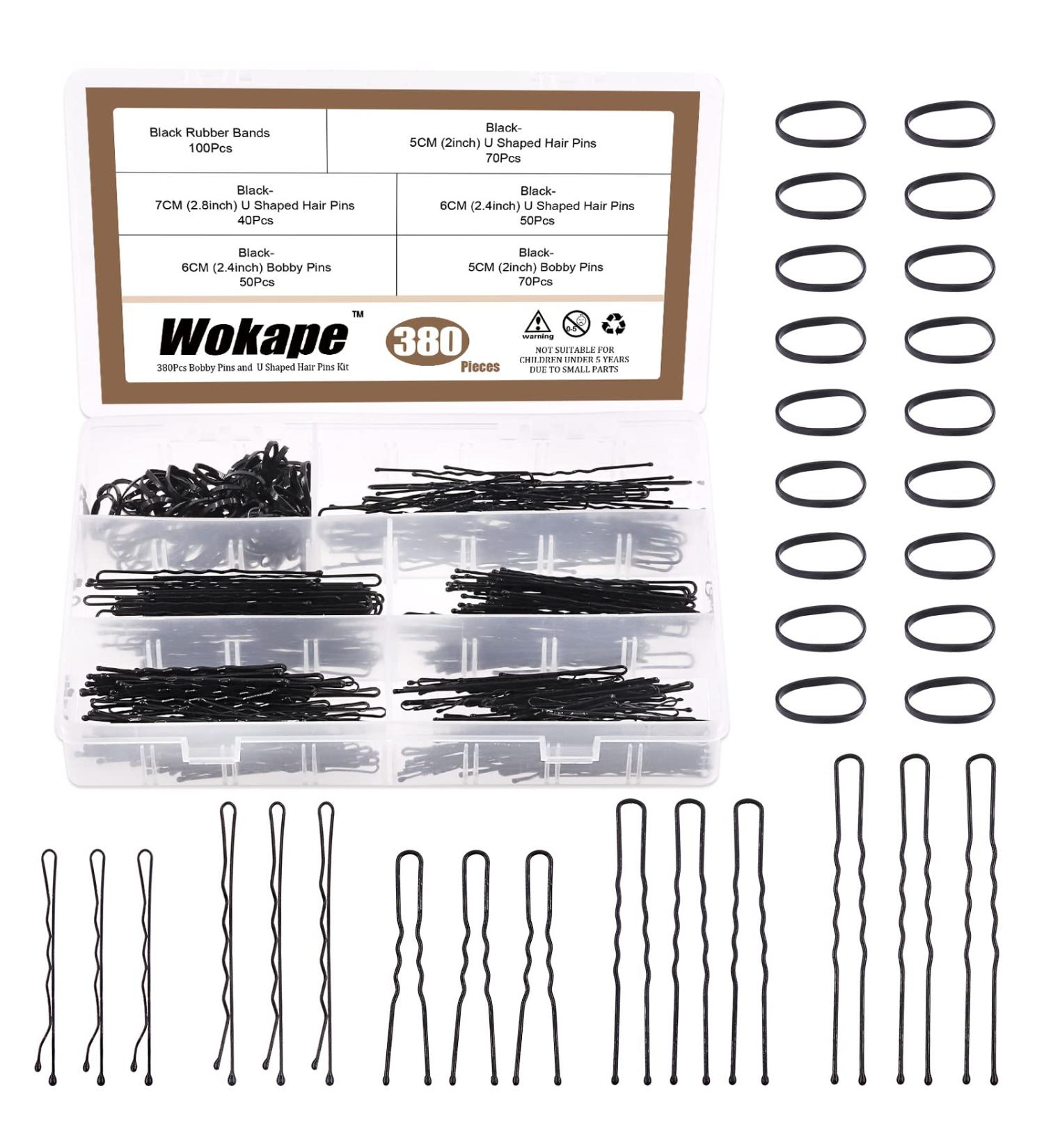 Wokape 380 Pieces Black Bobby Pins & U-Shaped Hair Pins with Mini Hair Ties - Essential Hair Accessories for Girls & Women | International Shipping Available - Buy Online on GoSupps.com