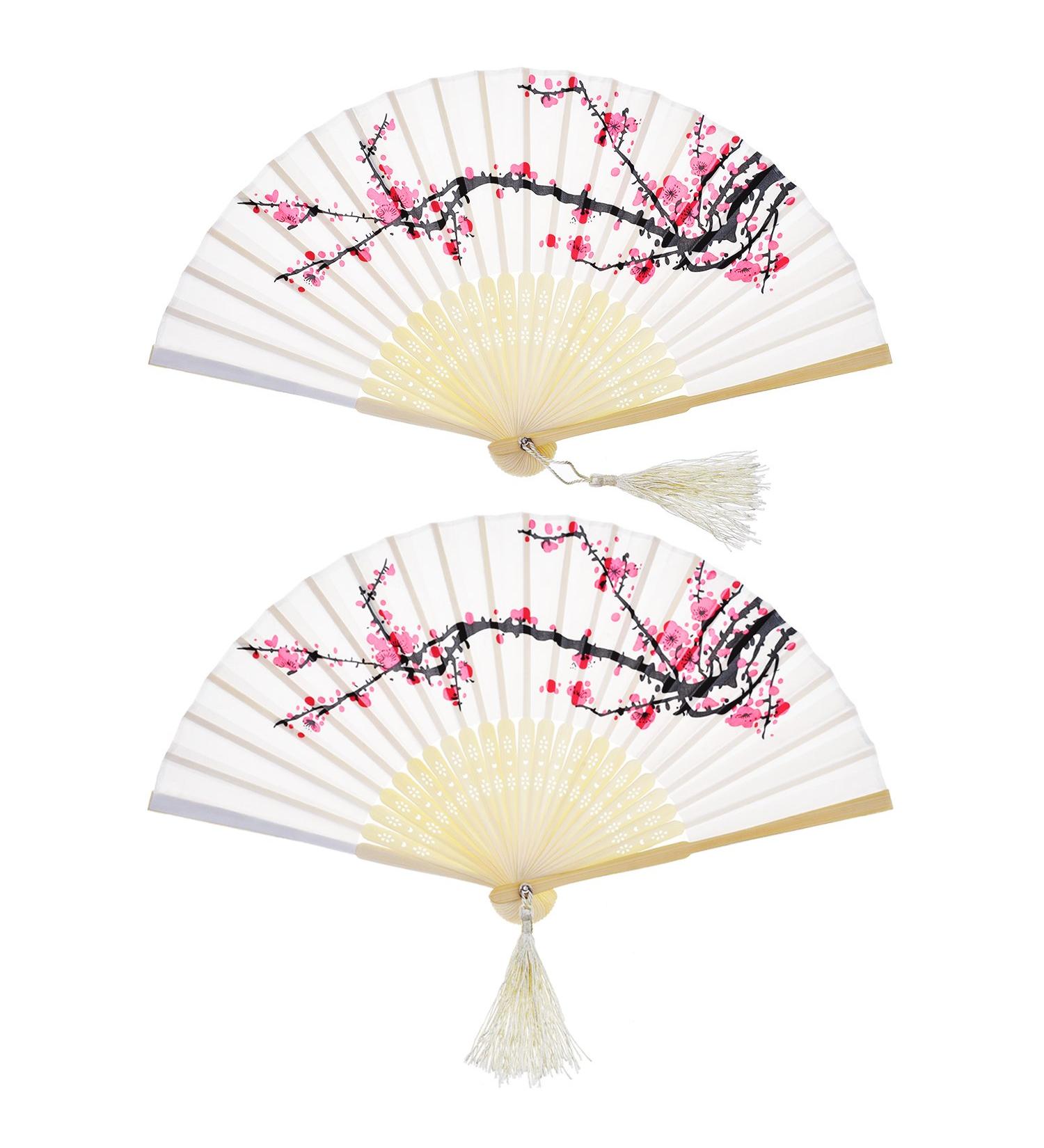 2-Piece Folding Bamboo Hand Fans with Tassel - White Cherry - Perfect for Gifts & Wall Decoration | Traditional Women's Handheld Fans - Buy Online on GoSupps.com