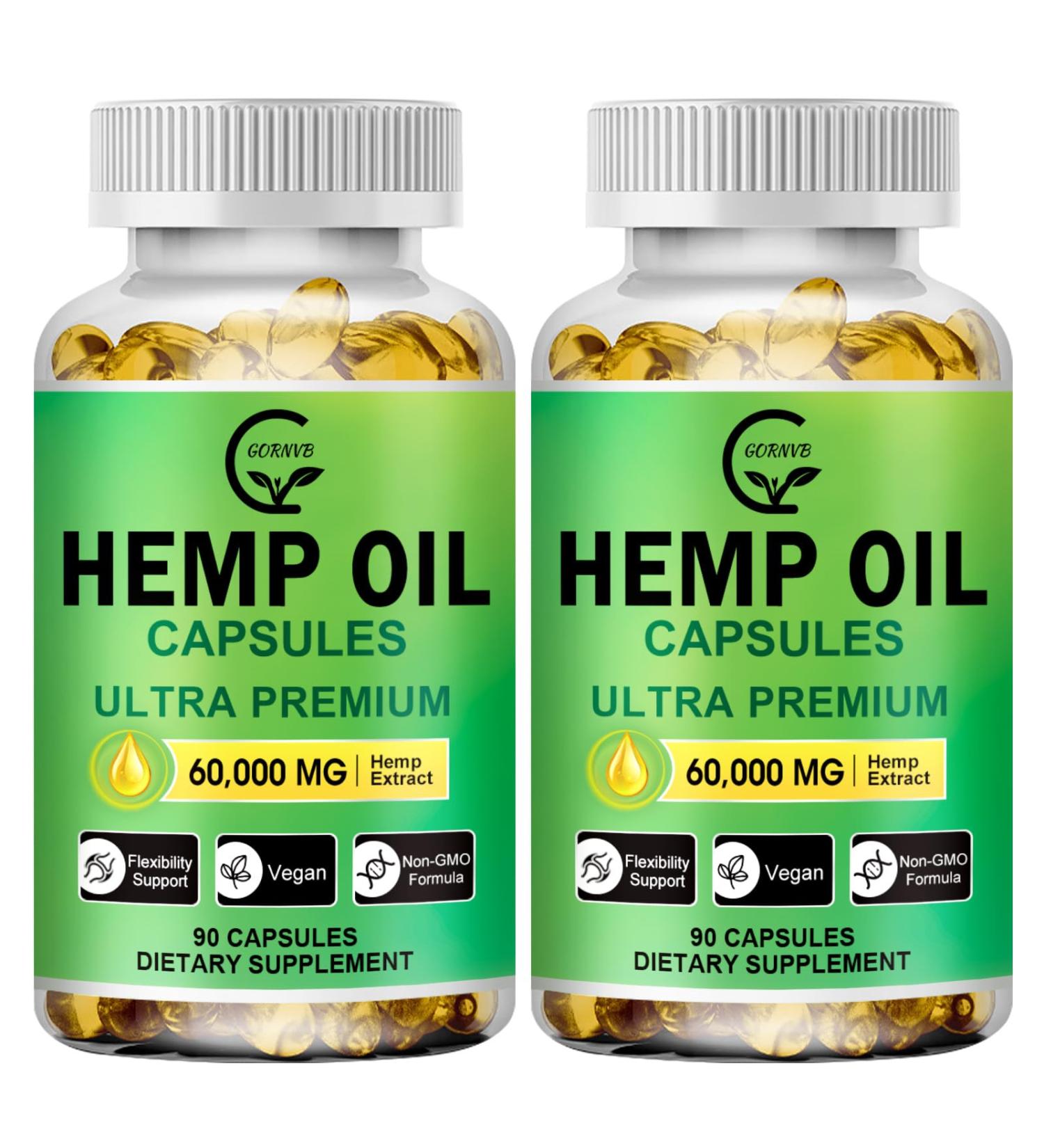 (2-Pack) High Potency Hemp Oil Capsules - 180 Veggie Softgels - 60,000 Maximum Strength, Immune System Support, Focus Calm, Relaxation, Mood, Pure Extract, Organic, Vegan, Non-GMO - Buy Online on GoSupps.com