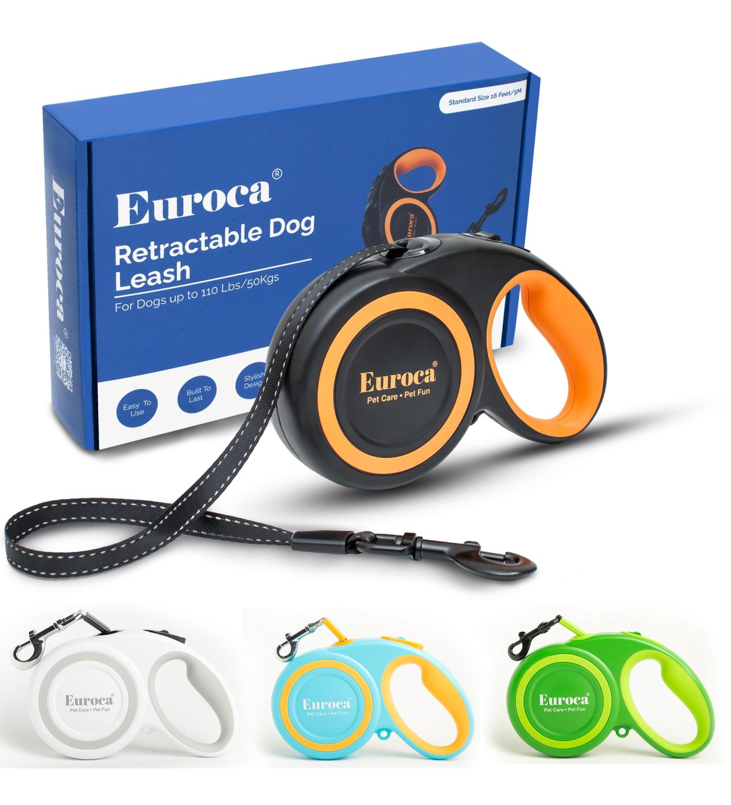 Euroca Retractable Dog Leash for Small Medium and Large Dogs Up to 110LBS- 16' Heavy Duty Reflective Nylon Tape Tangle-Free Quick-Lock Braking System Anti-Slip Handle (Large Black) Large Black - Buy Online on GoSupps.com